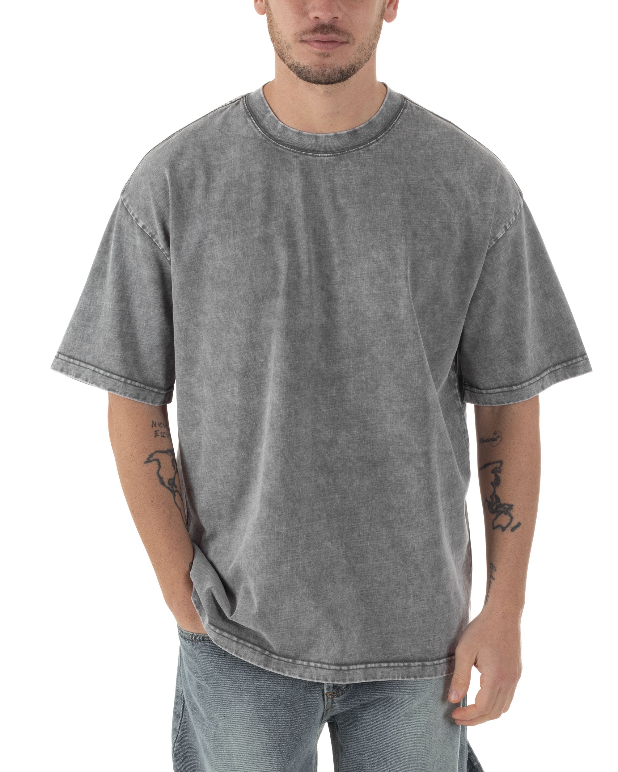 T-shirt Uomo Girocollo Cotone Slavato Maglia Mezze Maniche Tie Dye Basic Oversize Casual Tinta Unita Grigio GIOSAL-TS3093A
