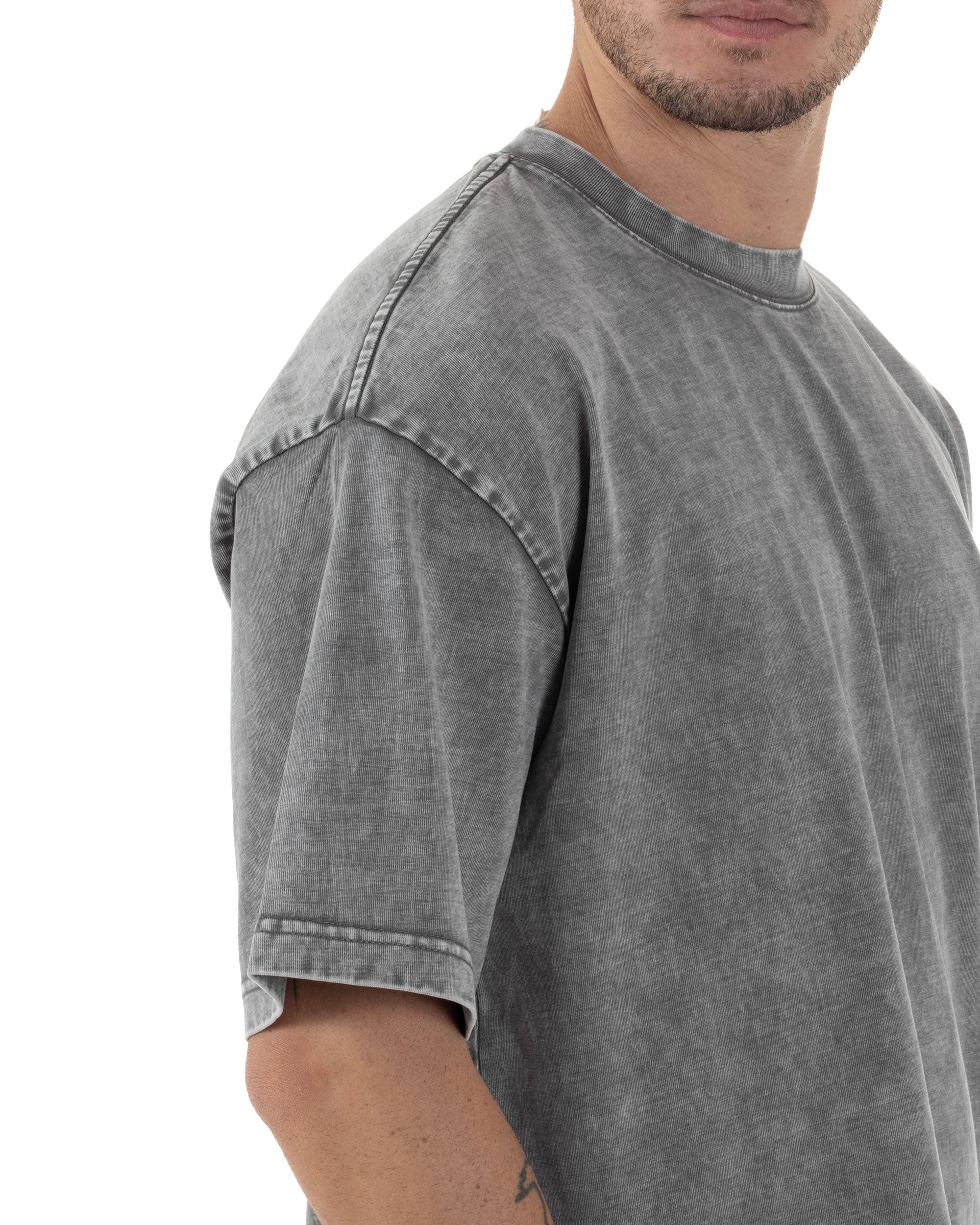 T-shirt Uomo Girocollo Cotone Slavato Maglia Mezze Maniche Tie Dye Basic Oversize Casual Tinta Unita Grigio GIOSAL-TS3093A
