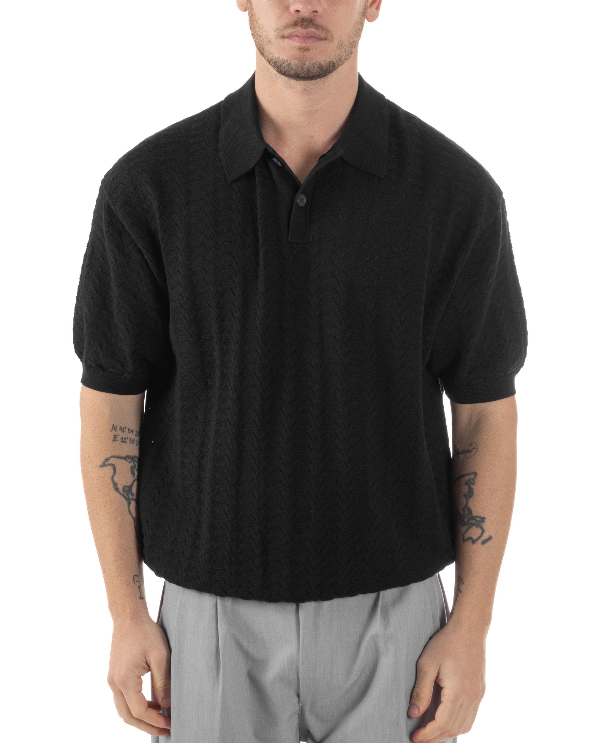 Polo Uomo Filo Traforata T-Shirt Con Colletto Maniche Corte Lavorata Oversize Spalle Scese Nero GIOSAL-TS3097A