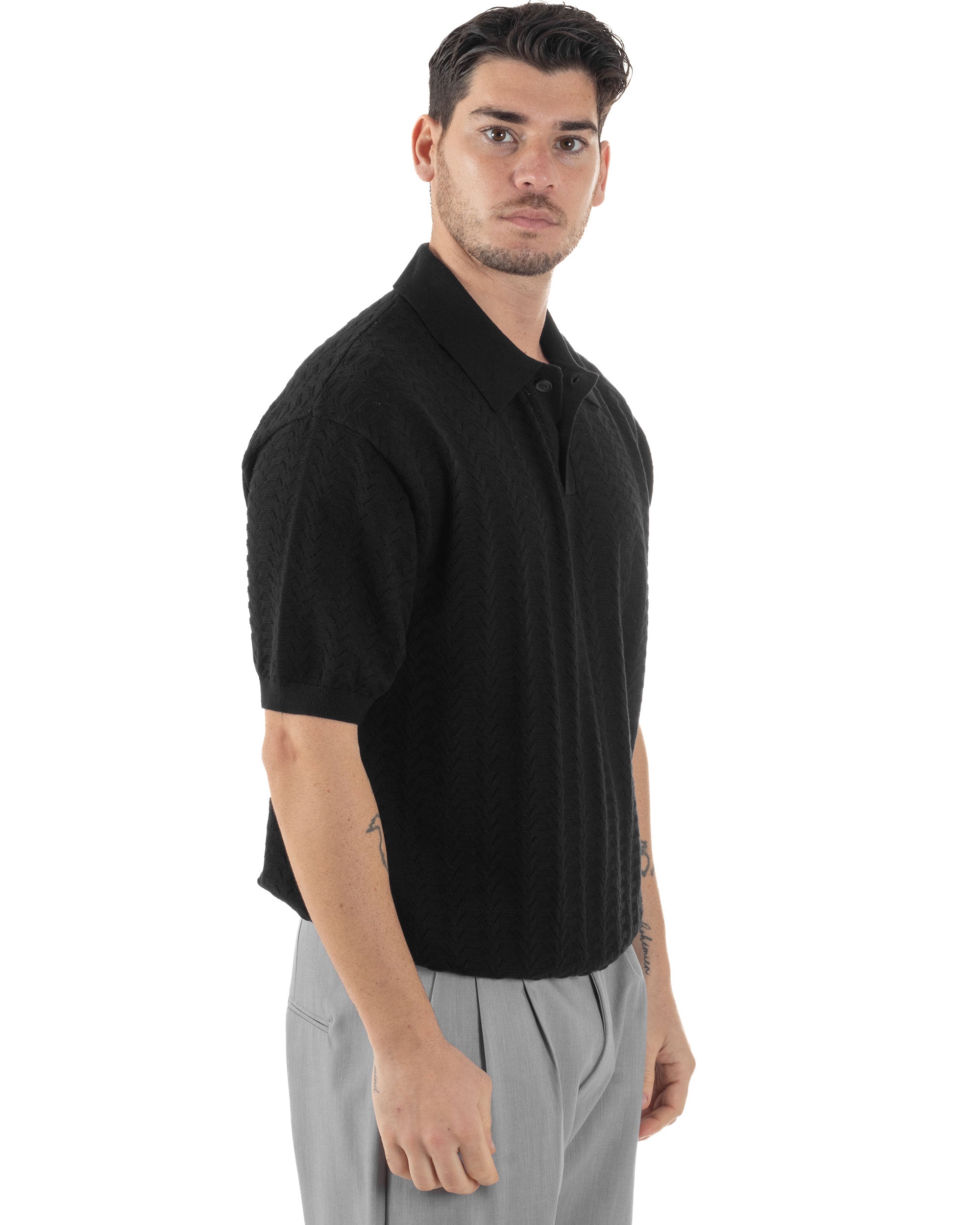 Polo Uomo Filo Traforata T-Shirt Con Colletto Maniche Corte Lavorata Oversize Spalle Scese Nero GIOSAL-TS3097A