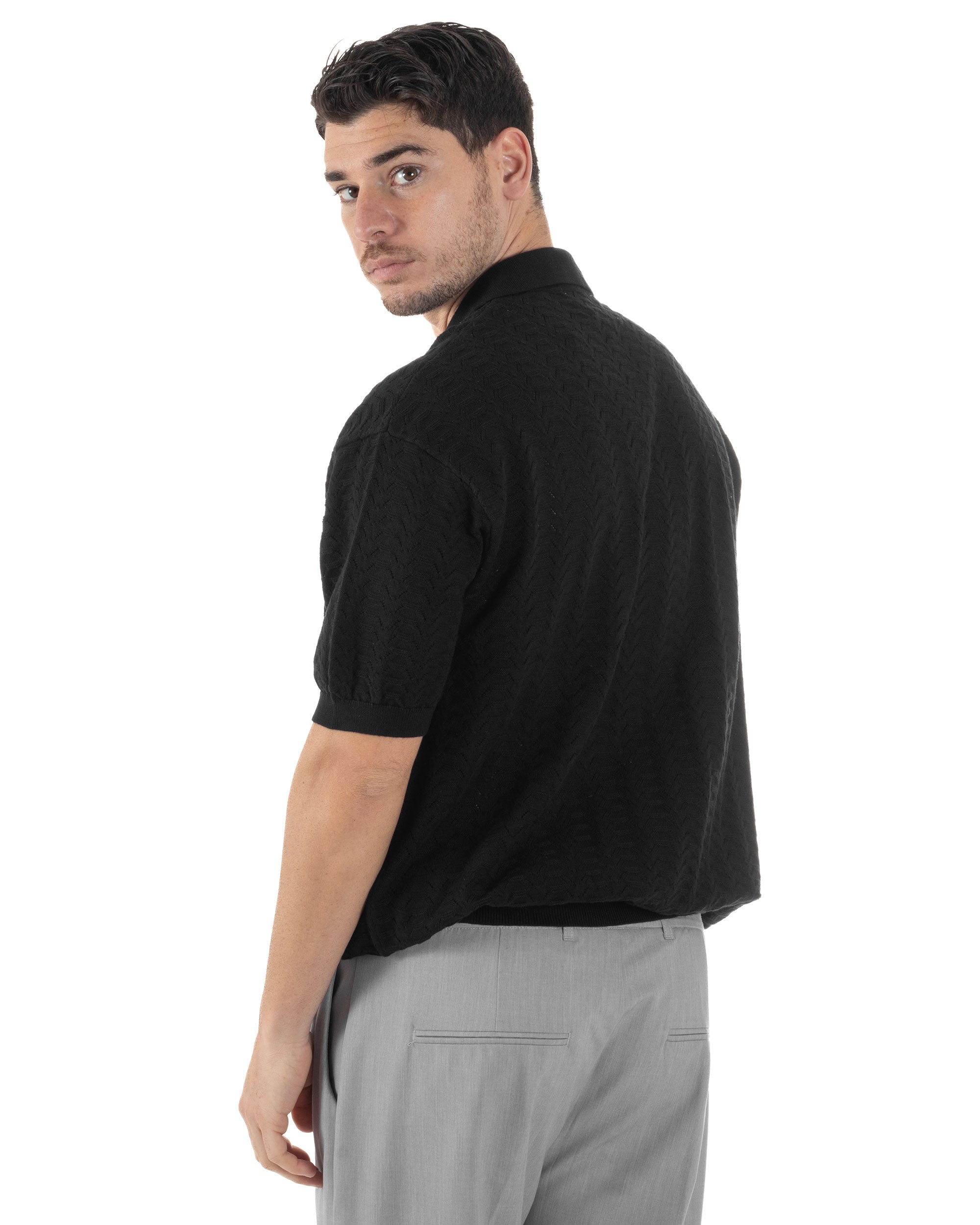 Polo Uomo Filo Traforata T-Shirt Con Colletto Maniche Corte Lavorata Oversize Spalle Scese Nero GIOSAL-TS3097A