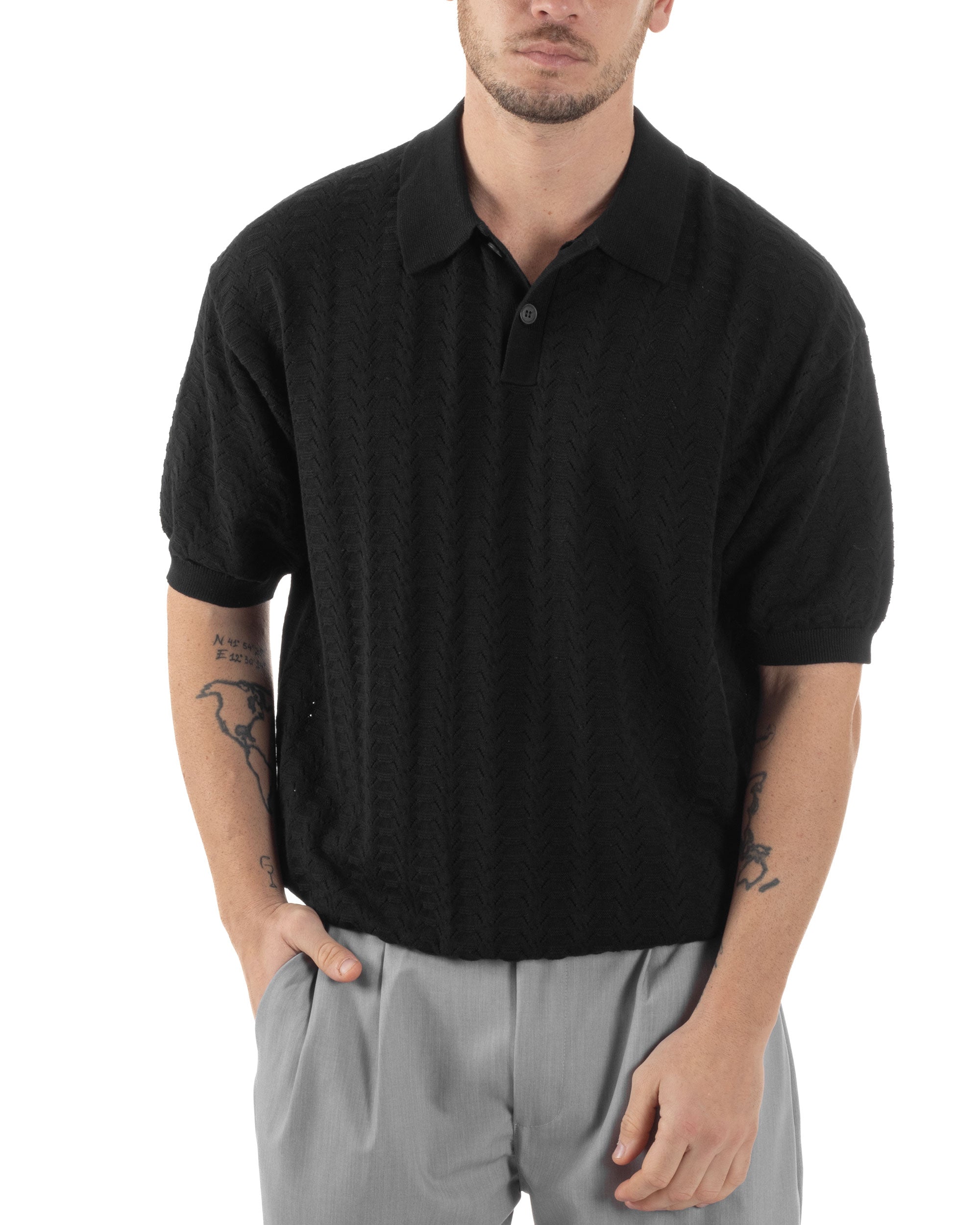 Polo Uomo Filo Traforata T-Shirt Con Colletto Maniche Corte Lavorata Oversize Spalle Scese Nero GIOSAL-TS3097A