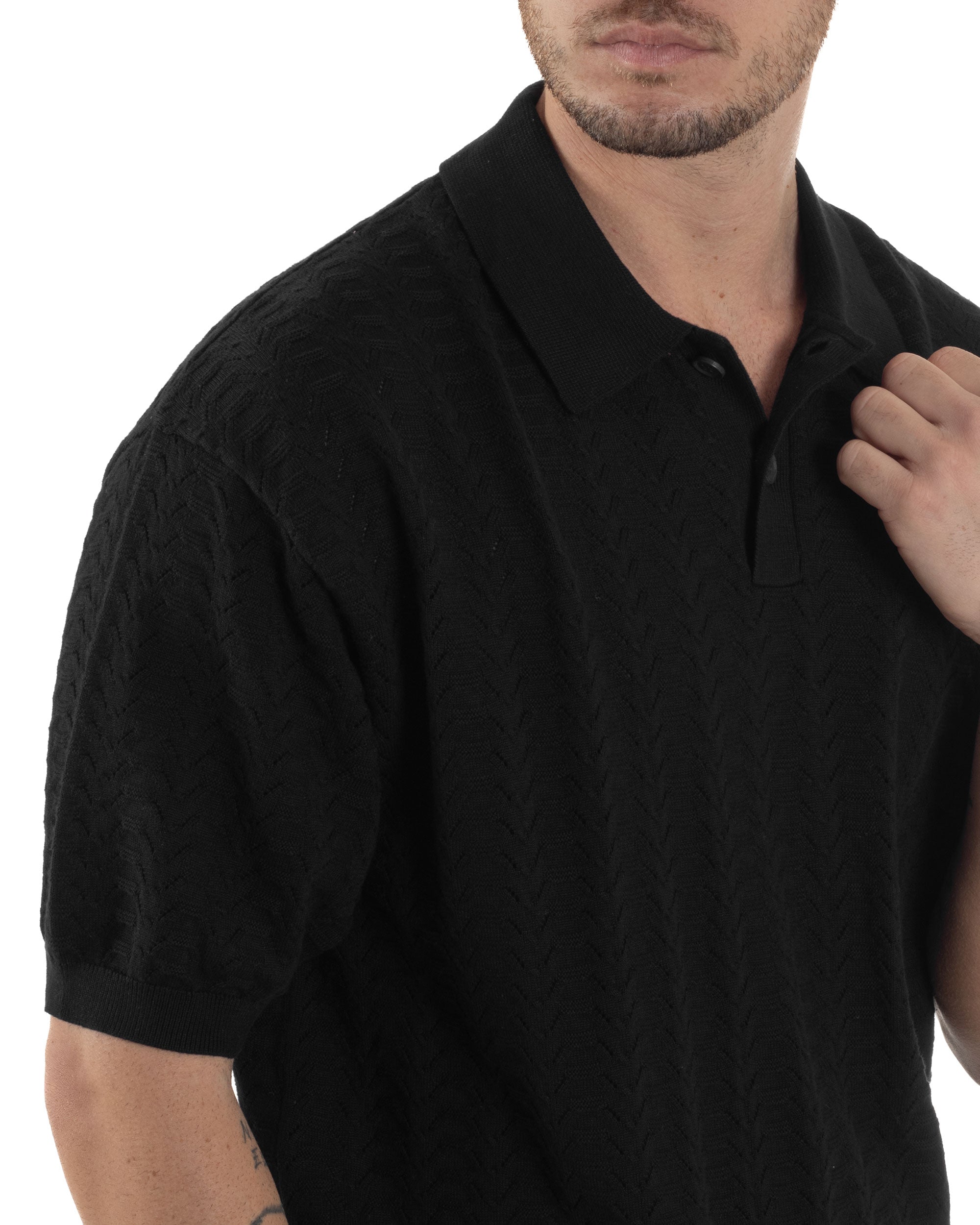 Polo Uomo Filo Traforata T-Shirt Con Colletto Maniche Corte Lavorata Oversize Spalle Scese Nero GIOSAL-TS3097A