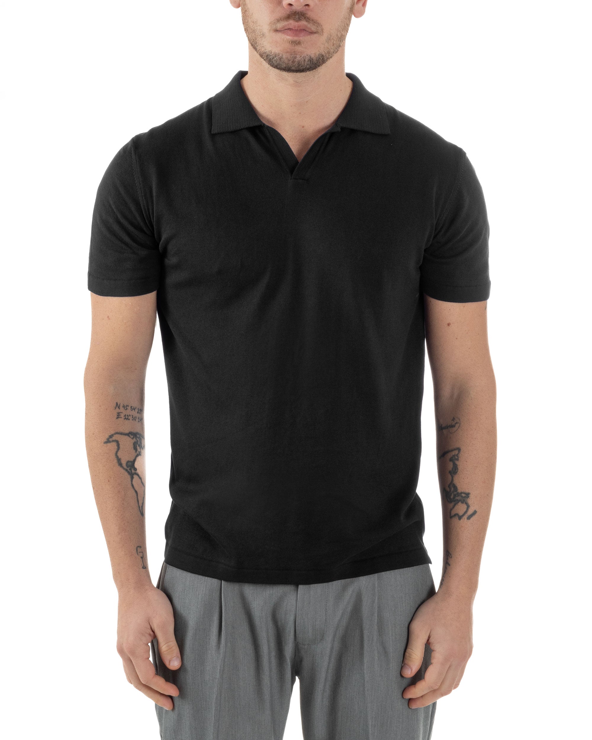 Polo Uomo In Filo T-Shirt Cotone Maniche Corte Maglia Con Colletto A V Regular Fit Casual Tinta Unita Nero GIOSAL-TS3101A