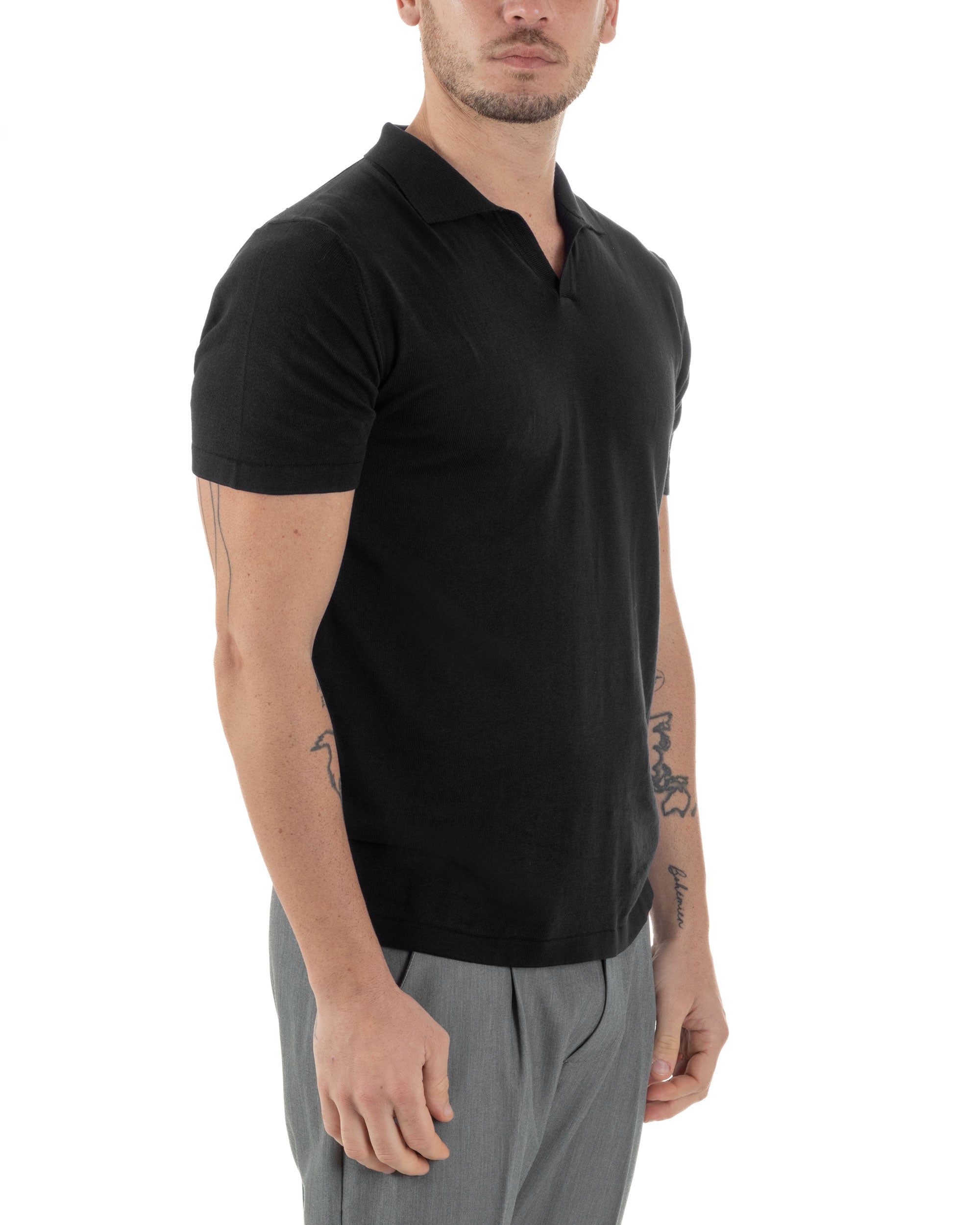Polo Uomo In Filo T-Shirt Cotone Maniche Corte Maglia Con Colletto A V Regular Fit Casual Tinta Unita Nero GIOSAL-TS3101A