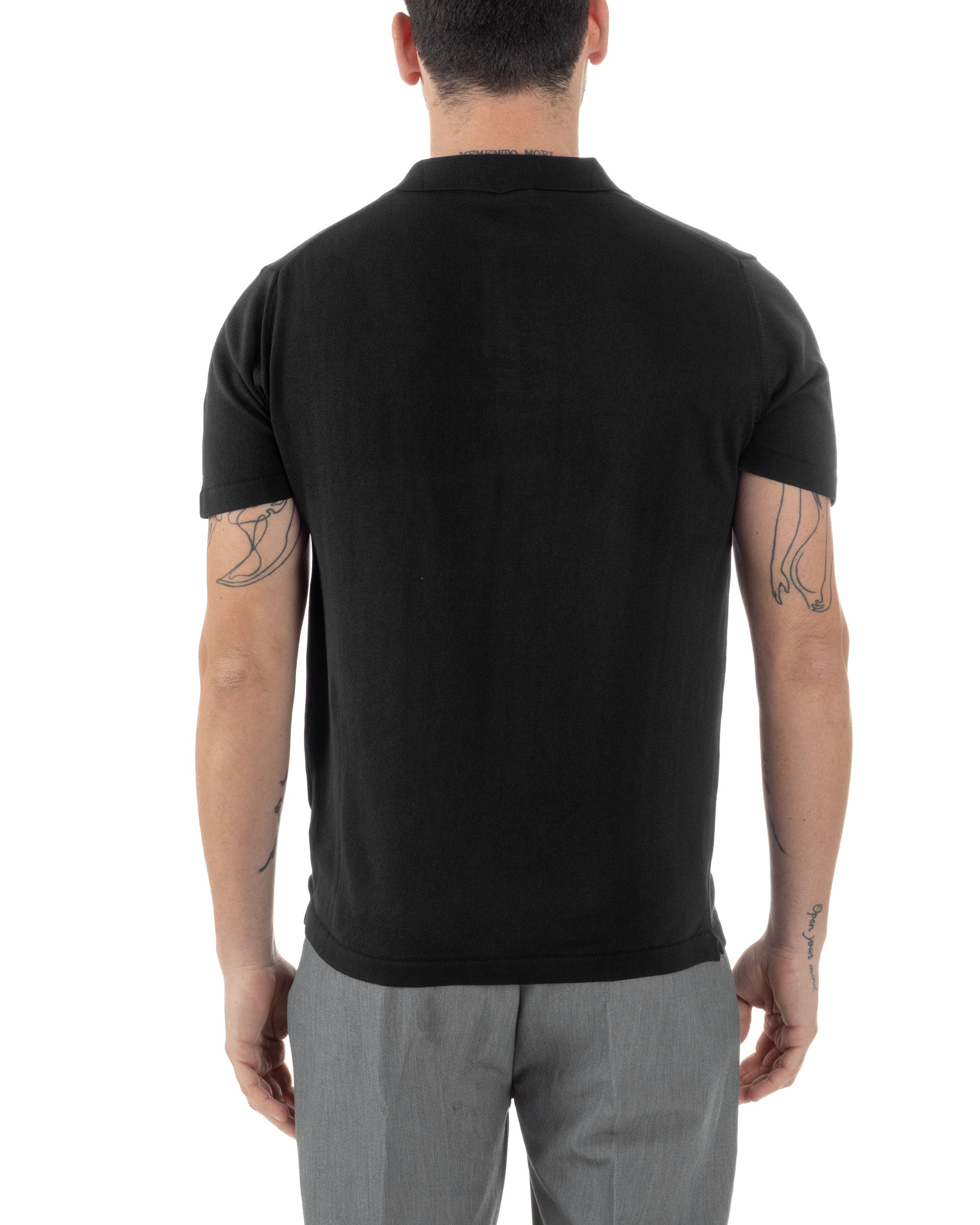 Polo Uomo In Filo T-Shirt Cotone Maniche Corte Maglia Con Colletto A V Regular Fit Casual Tinta Unita Nero GIOSAL-TS3101A