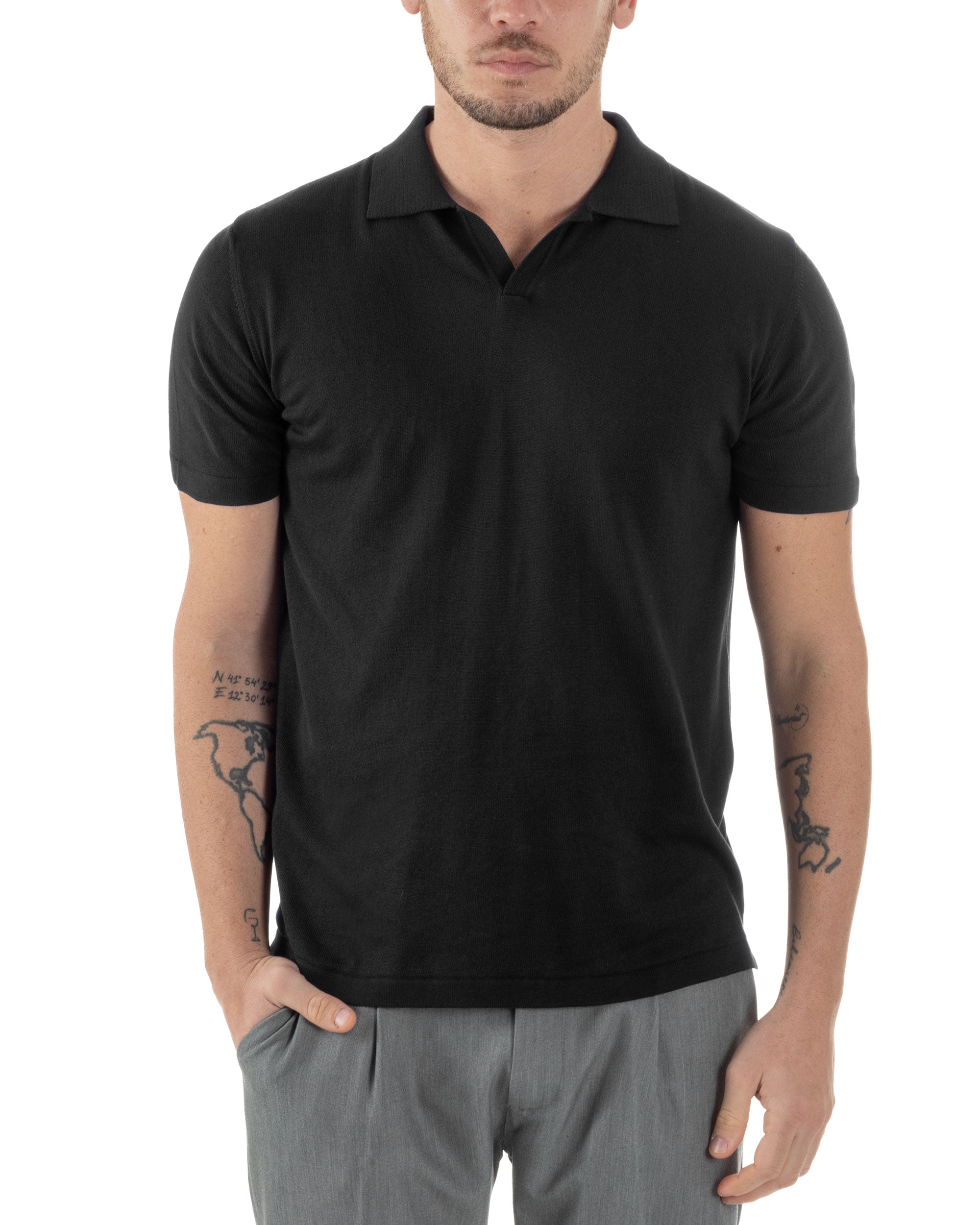 Polo Uomo In Filo T-Shirt Cotone Maniche Corte Maglia Con Colletto A V Regular Fit Casual Tinta Unita Nero GIOSAL-TS3101A