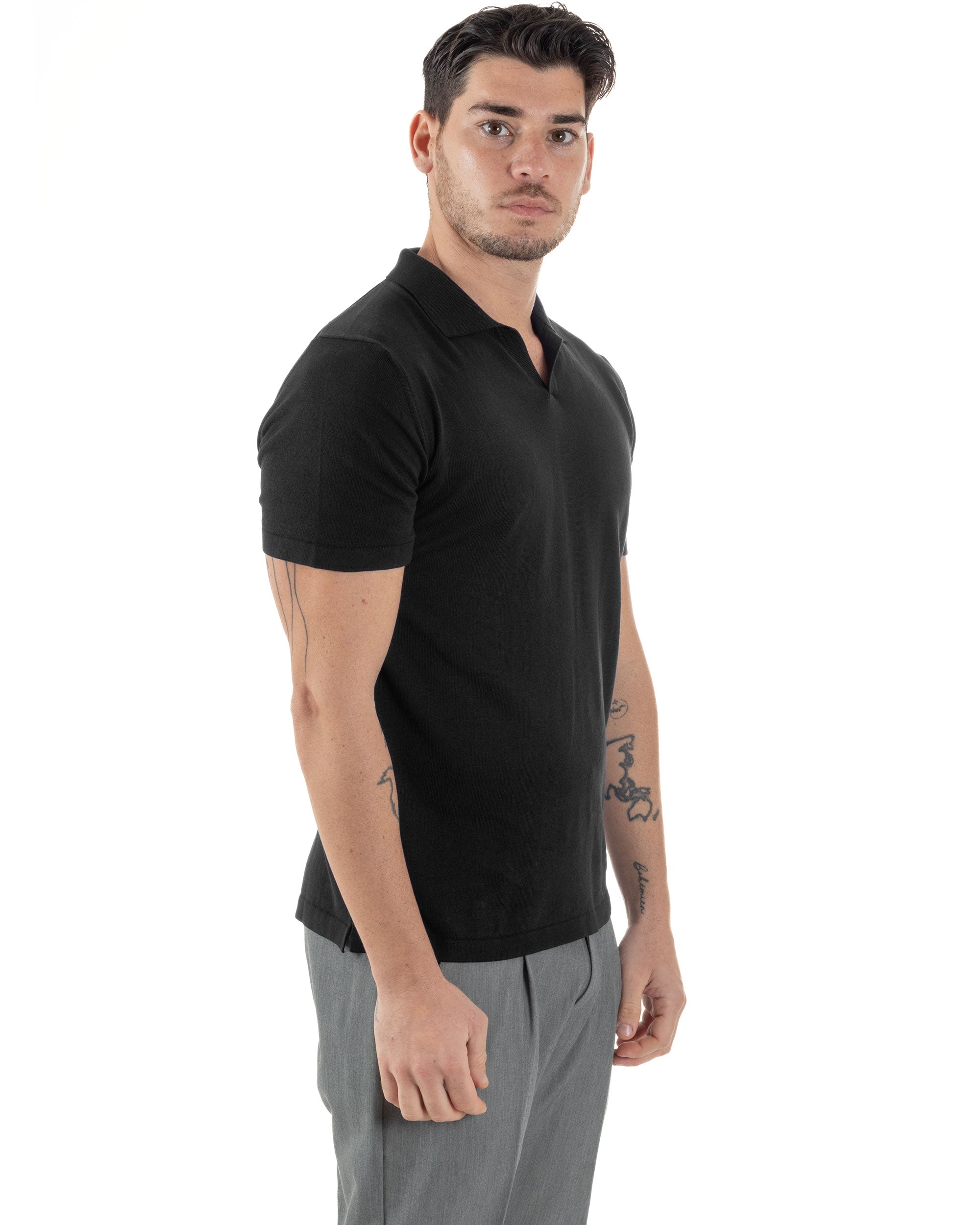 Polo Uomo In Filo T-Shirt Cotone Maniche Corte Maglia Con Colletto A V Regular Fit Casual Tinta Unita Nero GIOSAL-TS3101A