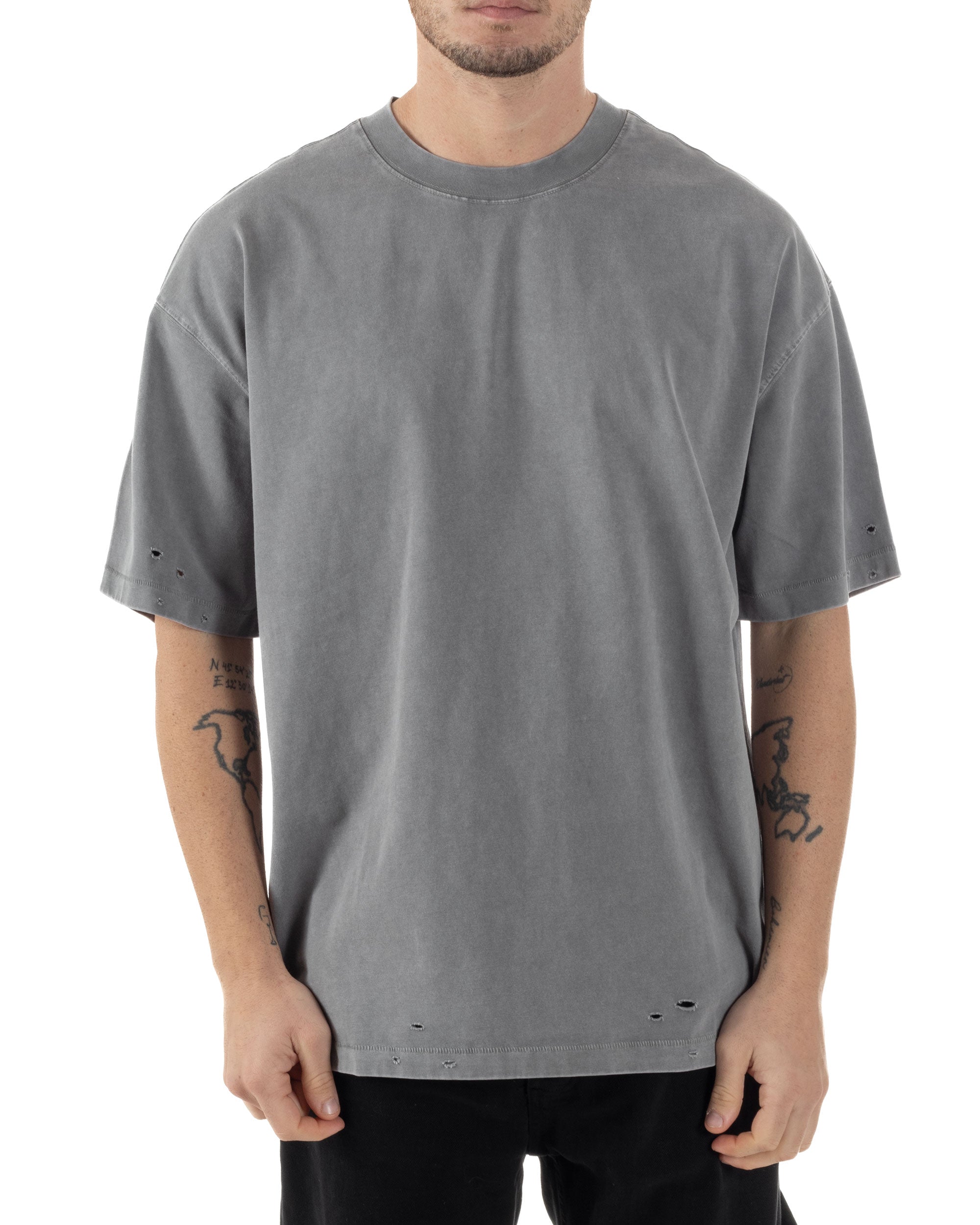 T-shirt Uomo Girocollo Con Rotture Cotone Slavato Tie Dye Maglia Basic Oversize Casual Grigio GIOSAL-TS3103A