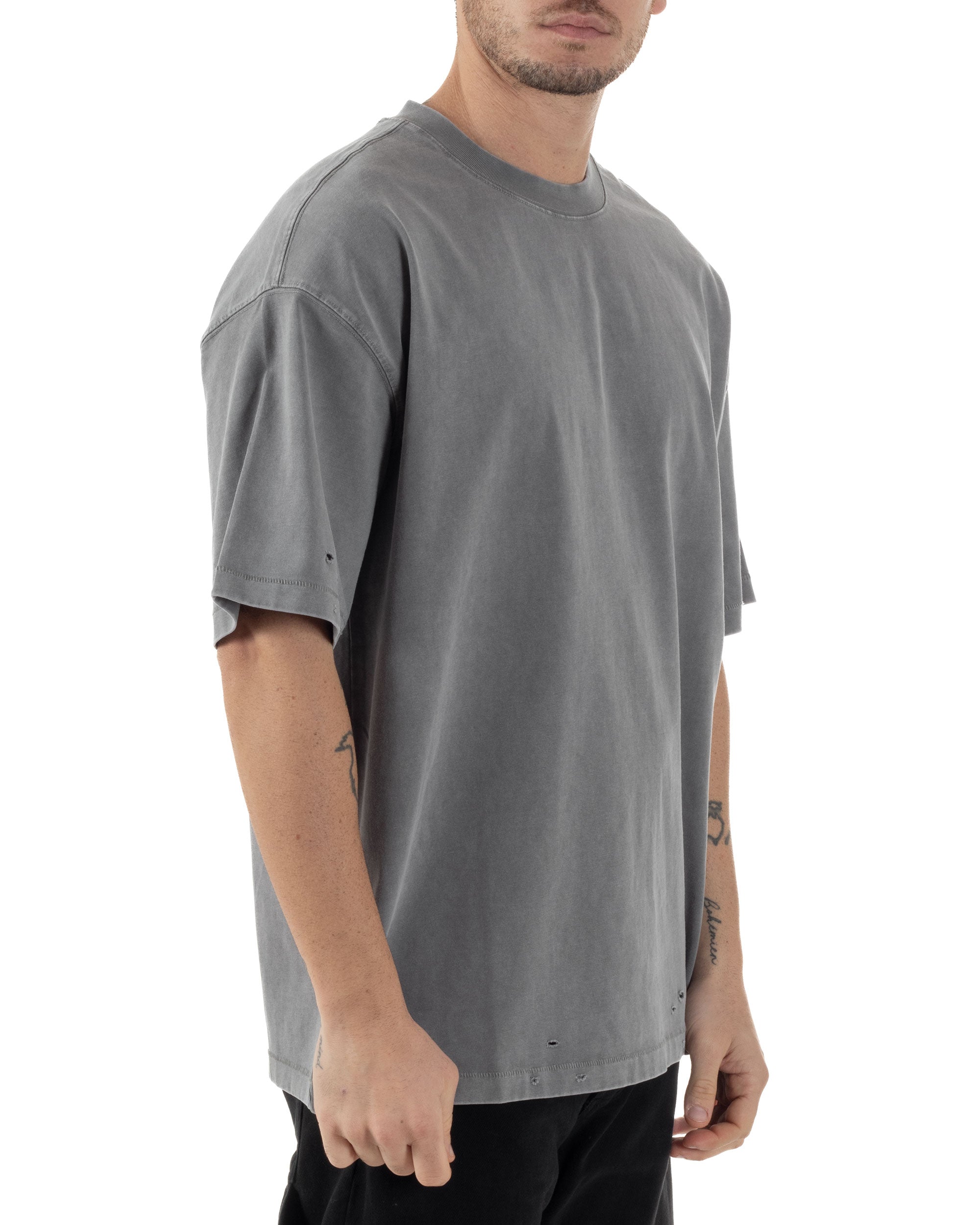 T-shirt Uomo Girocollo Con Rotture Cotone Slavato Tie Dye Maglia Basic Oversize Casual Grigio GIOSAL-TS3103A