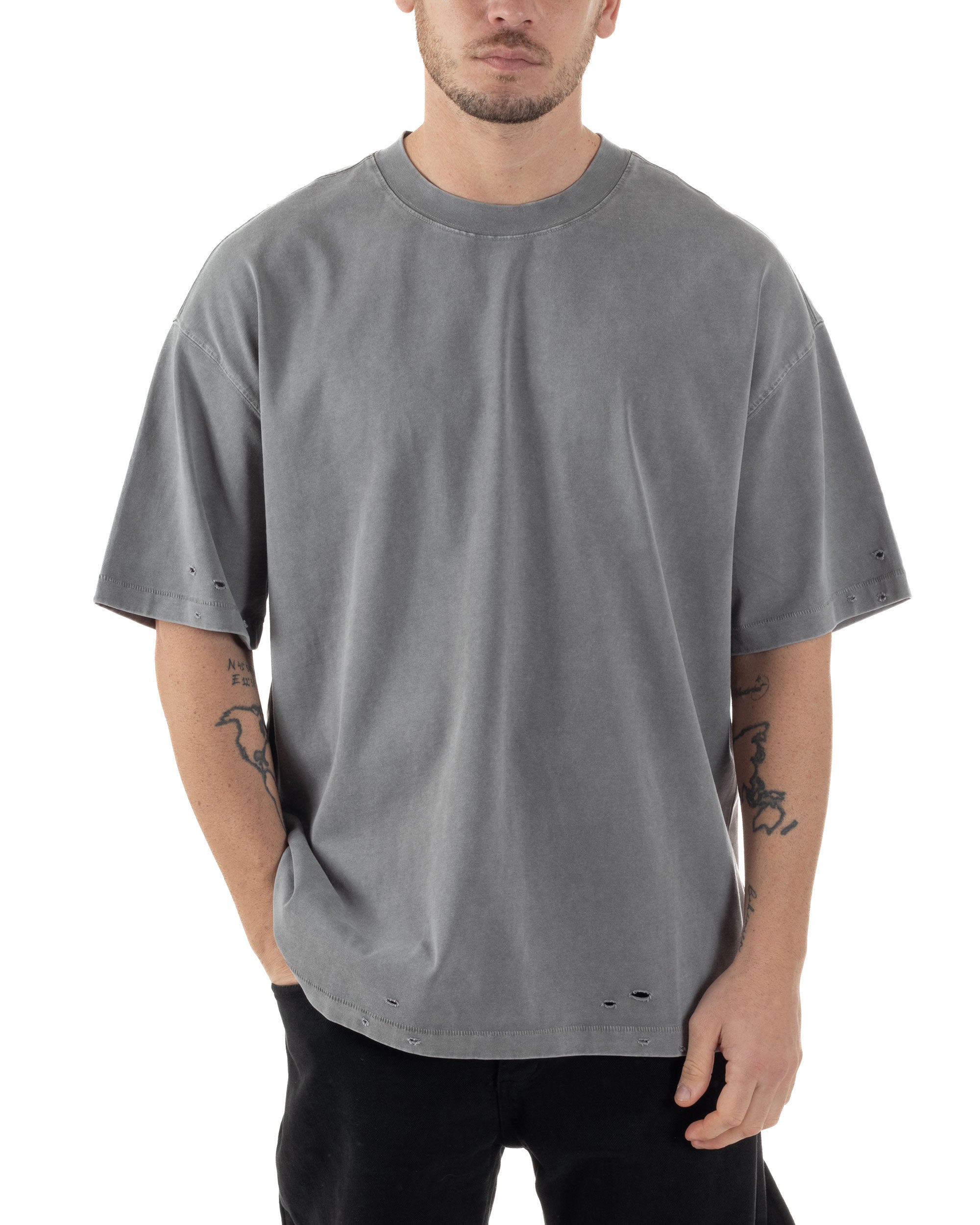 T-shirt Uomo Girocollo Con Rotture Cotone Slavato Tie Dye Maglia Basic Oversize Casual Grigio GIOSAL-TS3103A