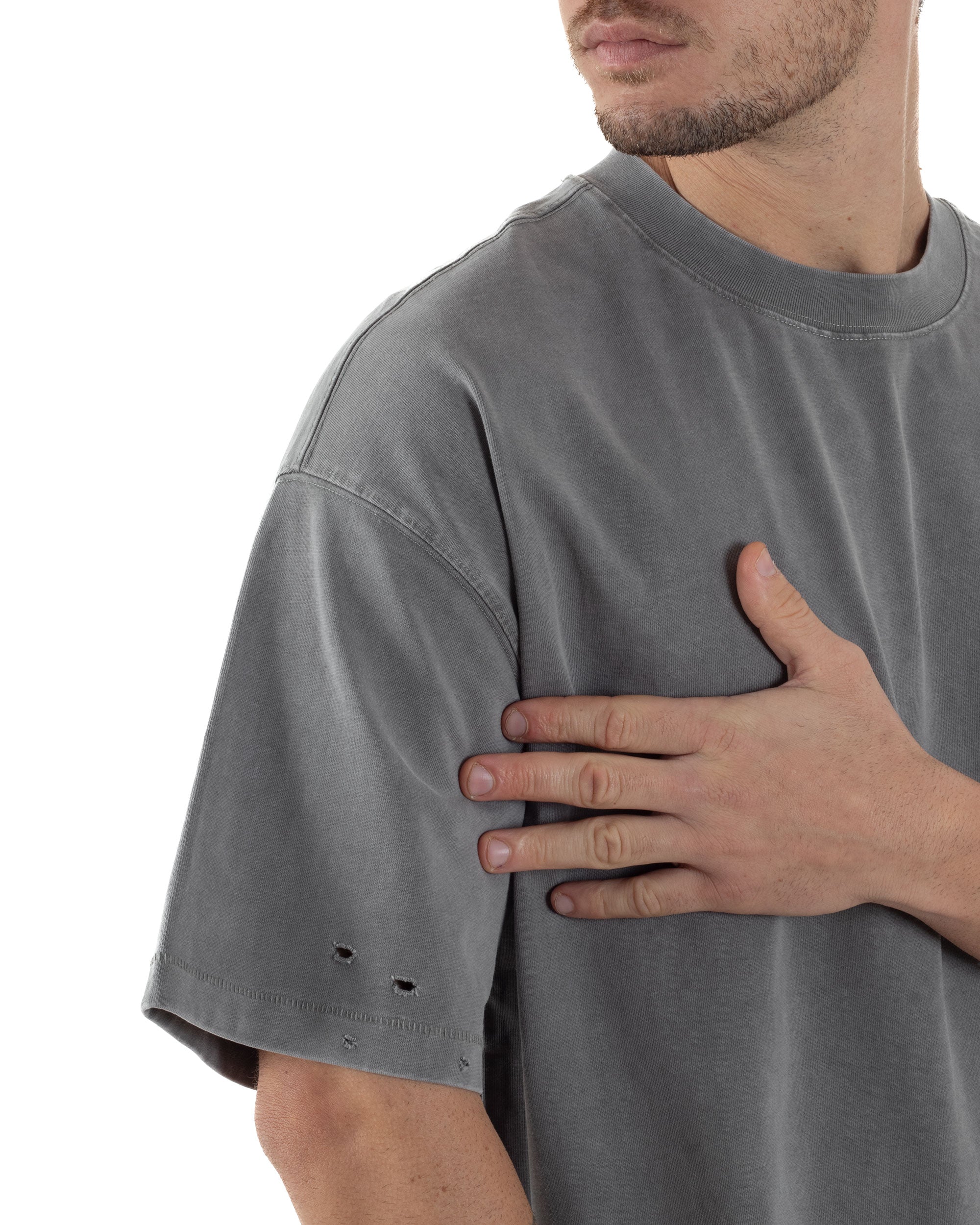 T-shirt Uomo Girocollo Con Rotture Cotone Slavato Tie Dye Maglia Basic Oversize Casual Grigio GIOSAL-TS3103A