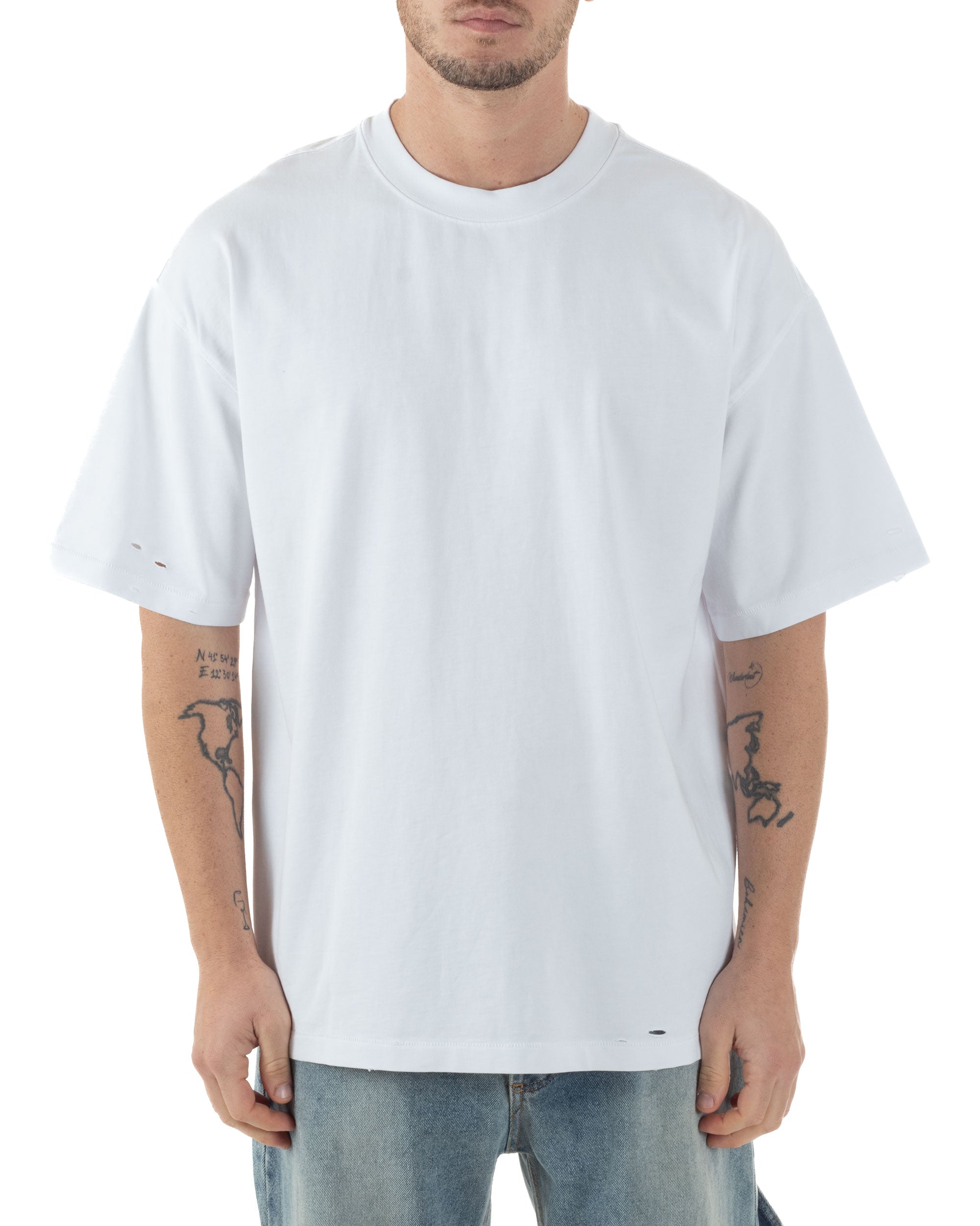 T-shirt Uomo Girocollo Con Rotture Cotone Slavato Tie Dye Maglia Basic Oversize Casual Bianco GIOSAL-TS3104A