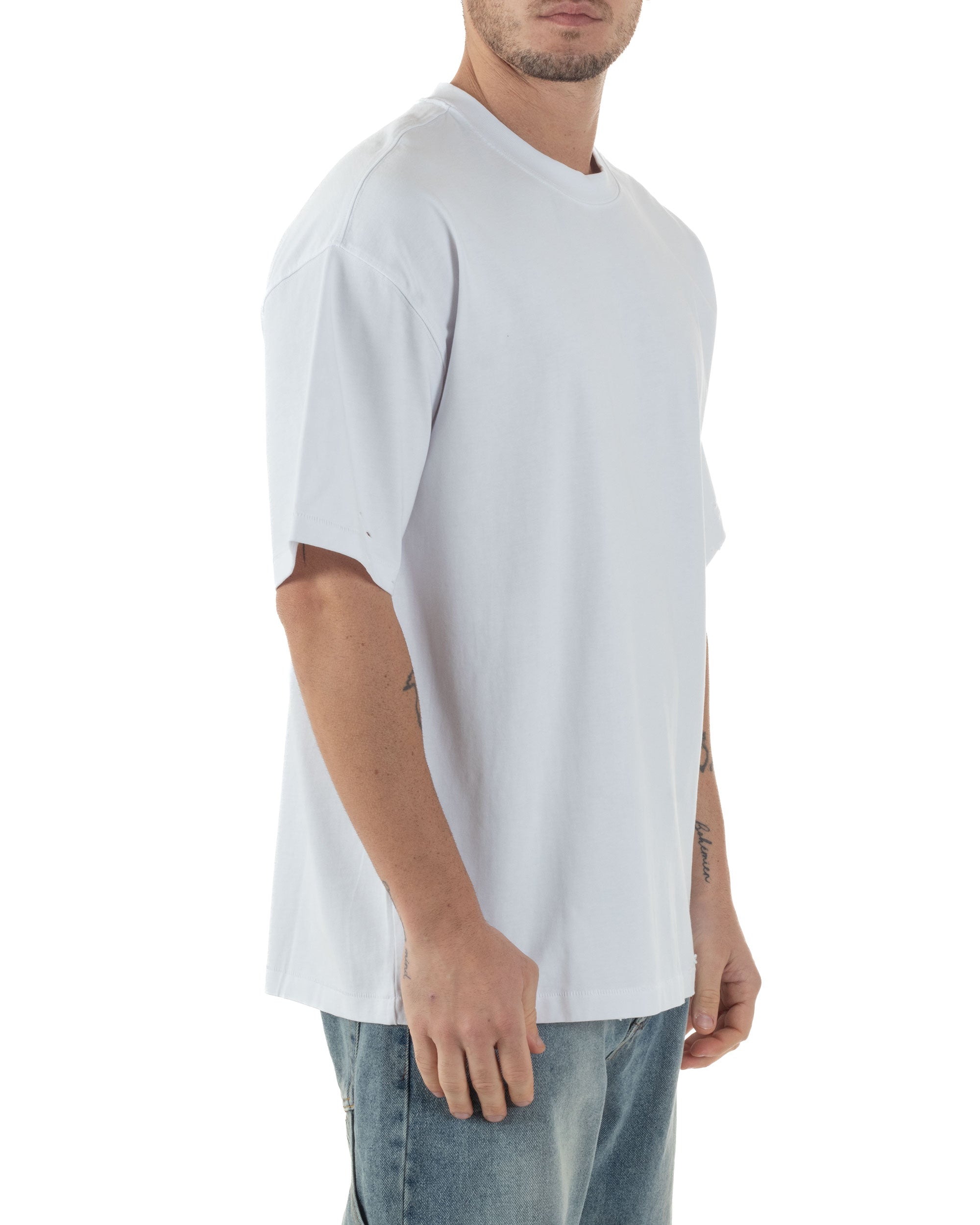 T-shirt Uomo Girocollo Con Rotture Cotone Slavato Tie Dye Maglia Basic Oversize Casual Bianco GIOSAL-TS3104A