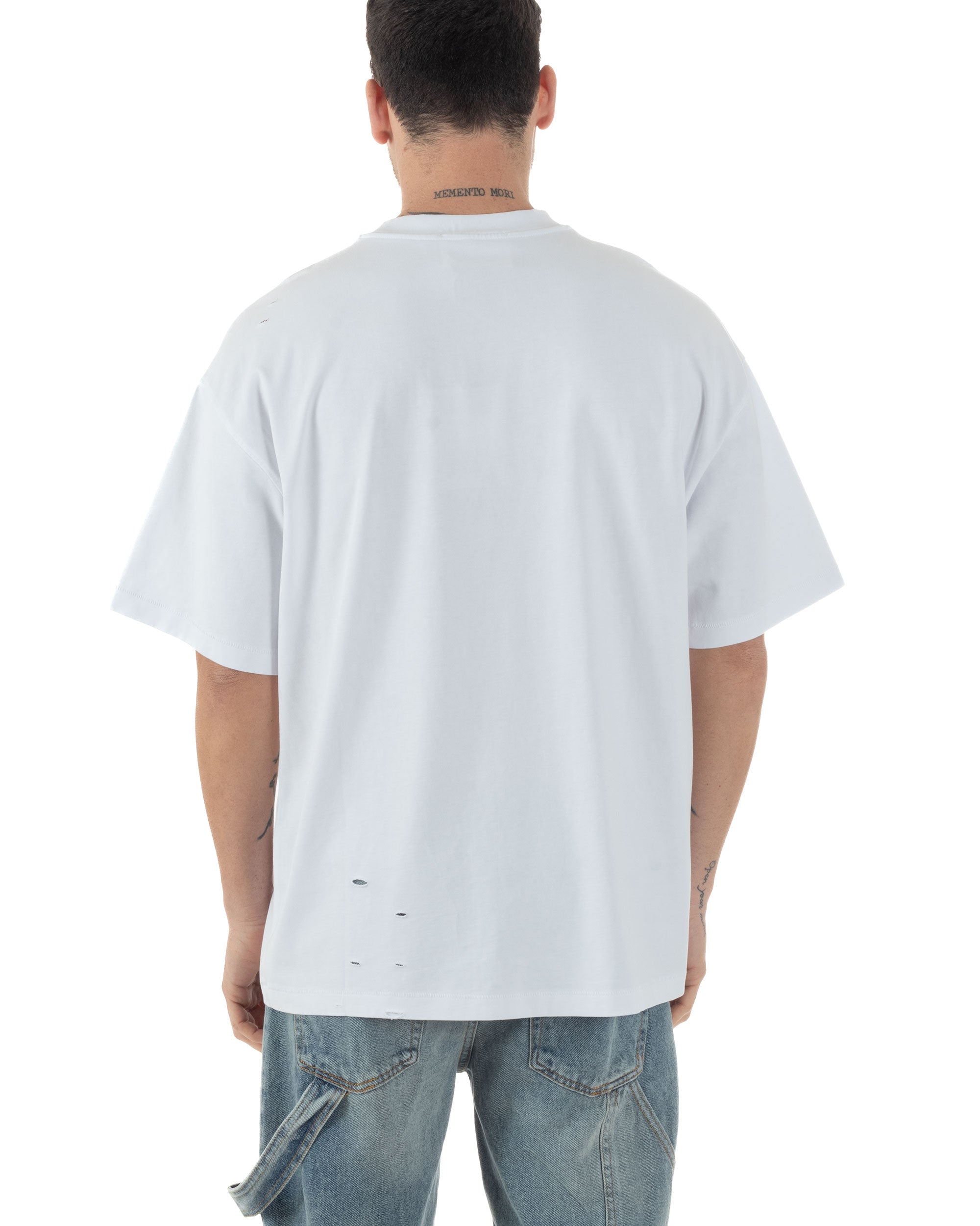 T-shirt Uomo Girocollo Con Rotture Cotone Slavato Tie Dye Maglia Basic Oversize Casual Bianco GIOSAL-TS3104A