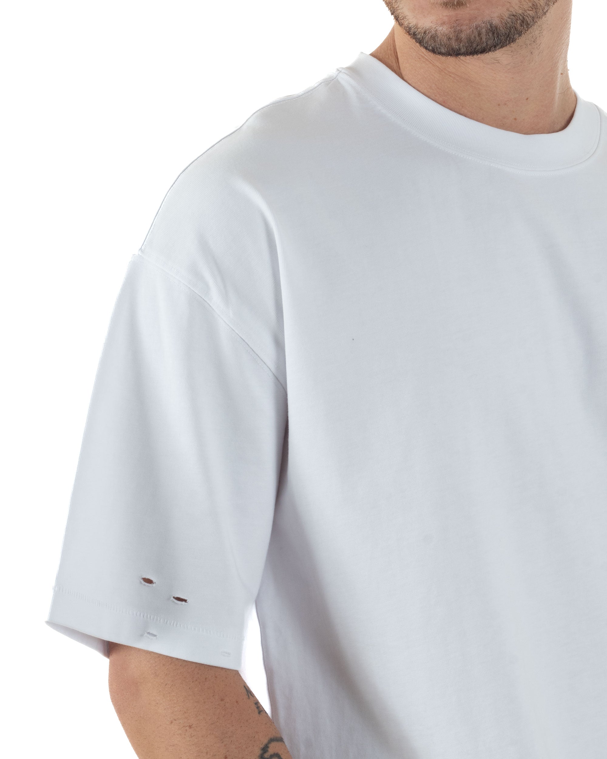 T-shirt Uomo Girocollo Con Rotture Cotone Slavato Tie Dye Maglia Basic Oversize Casual Bianco GIOSAL-TS3104A