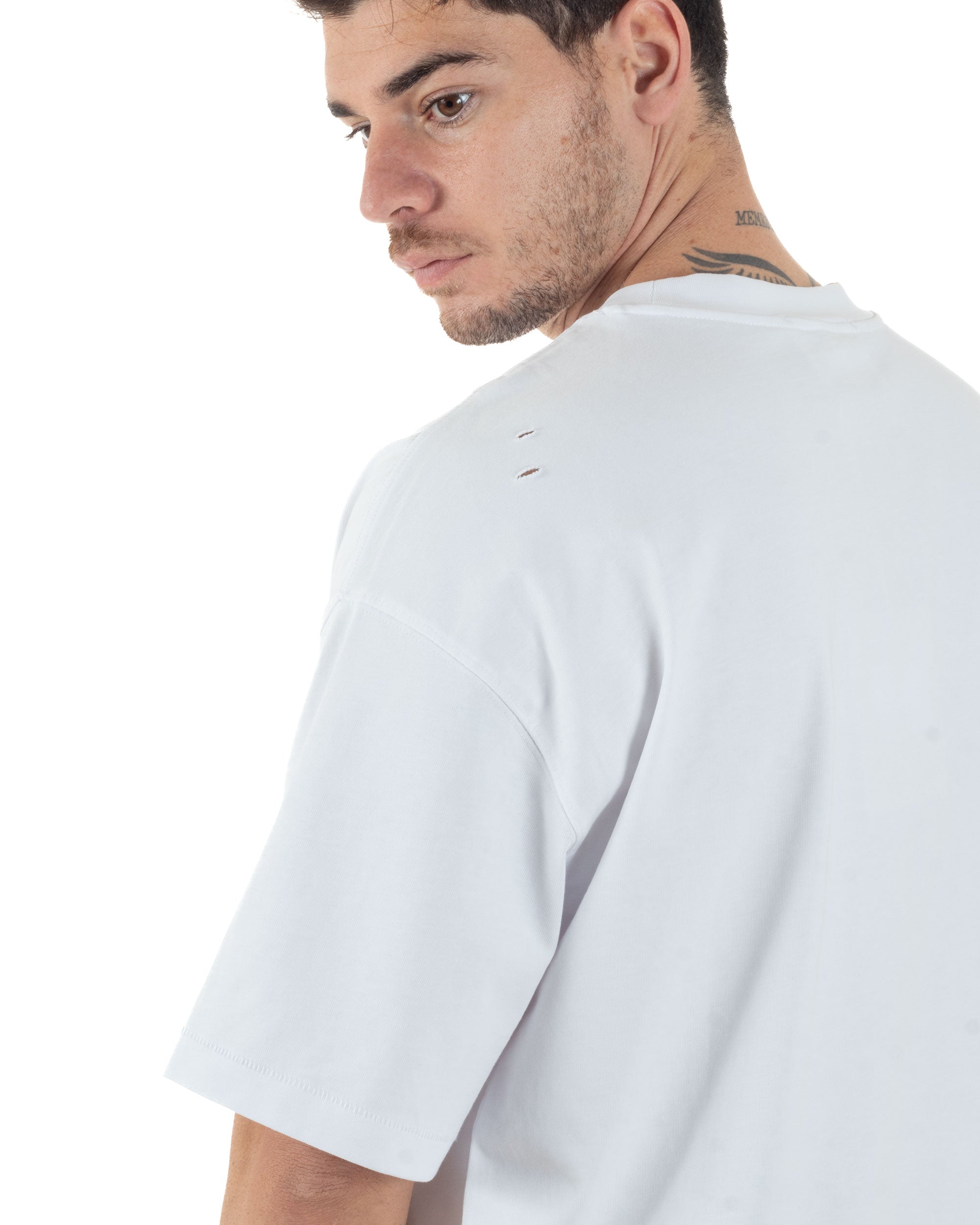 T-shirt Uomo Girocollo Con Rotture Cotone Slavato Tie Dye Maglia Basic Oversize Casual Bianco GIOSAL-TS3104A