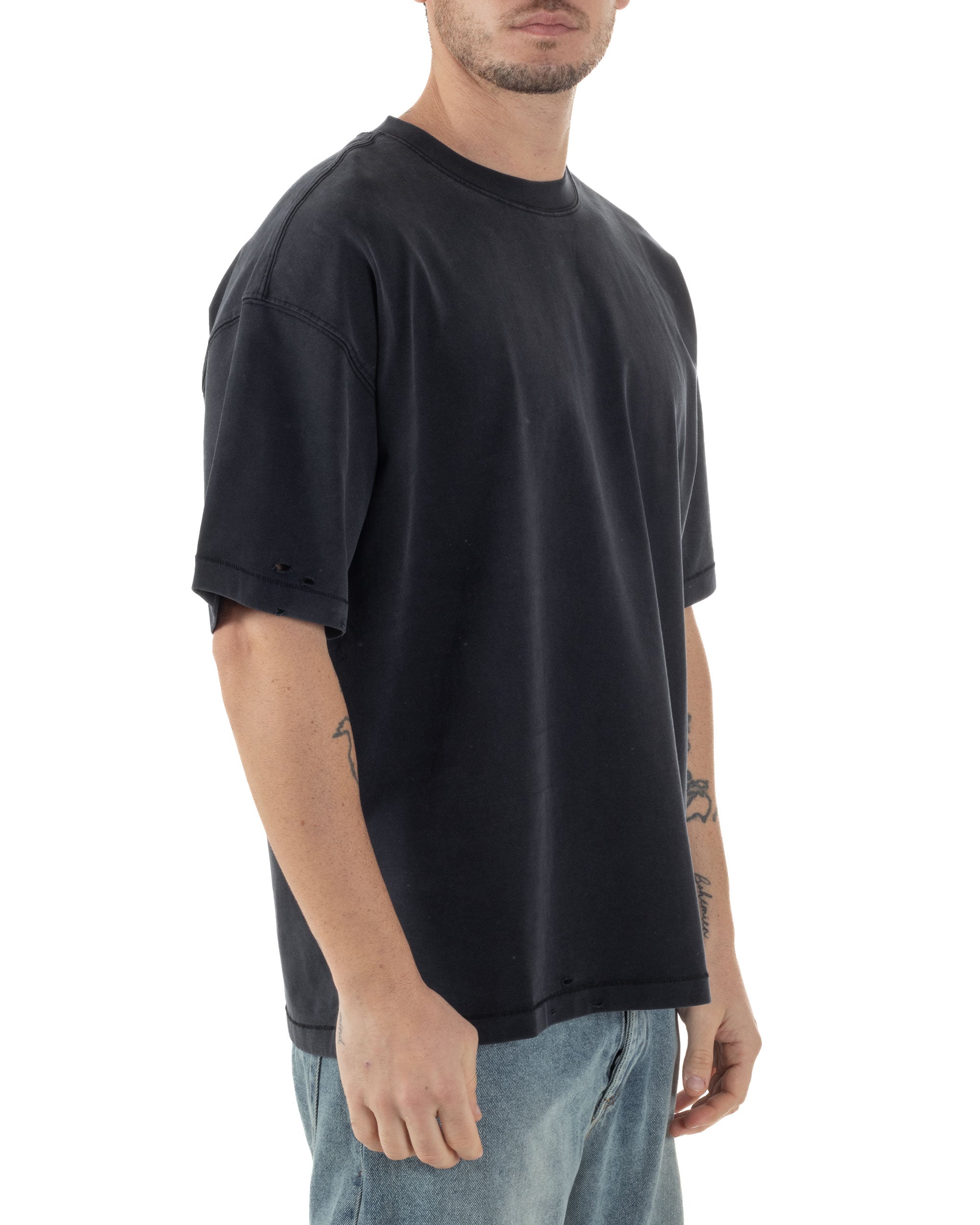 T-shirt Uomo Girocollo Con Rotture Cotone Slavato Tie Dye Maglia Basic Oversize Casual Nero GIOSAL-TS3105A
