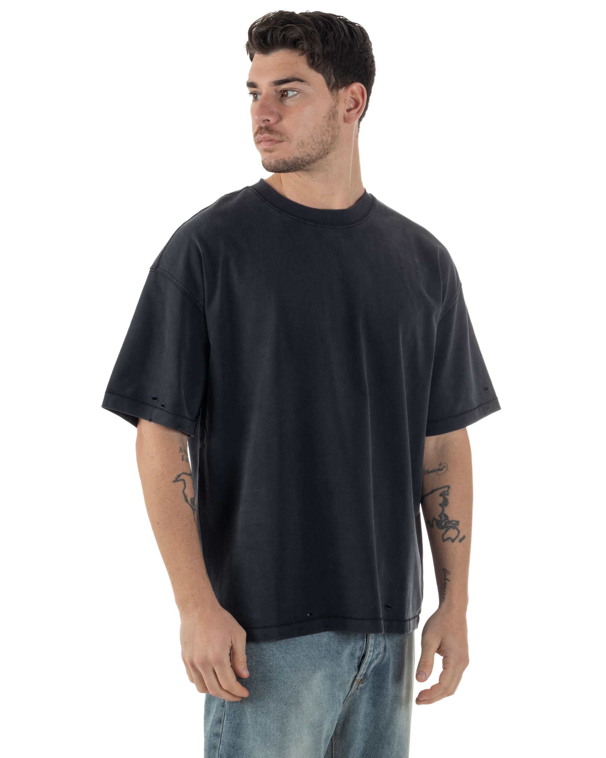 T-shirt Uomo Girocollo Con Rotture Cotone Slavato Tie Dye Maglia Basic Oversize Casual Nero GIOSAL-TS3105A
