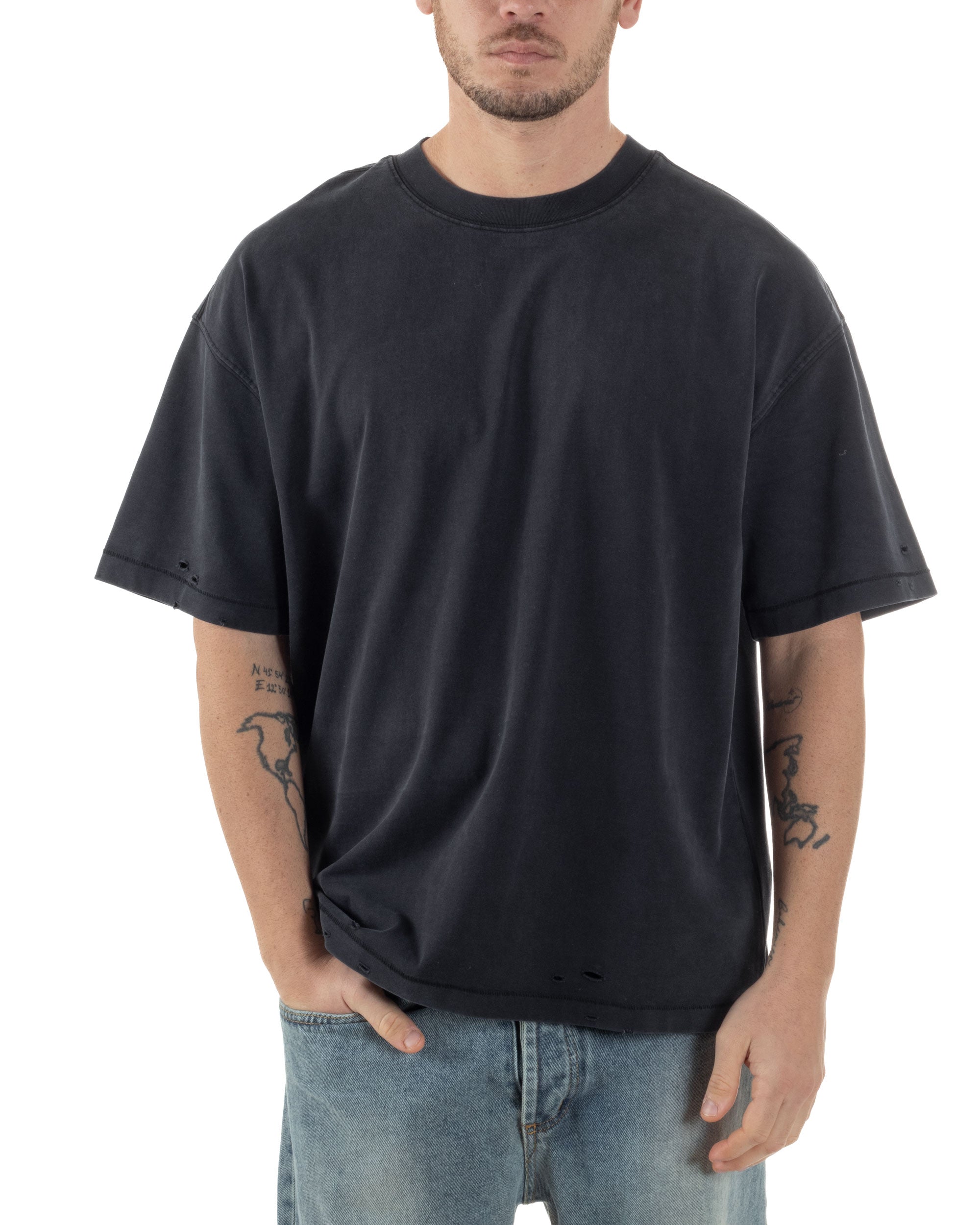T-shirt Uomo Girocollo Con Rotture Cotone Slavato Tie Dye Maglia Basic Oversize Casual Nero GIOSAL-TS3105A