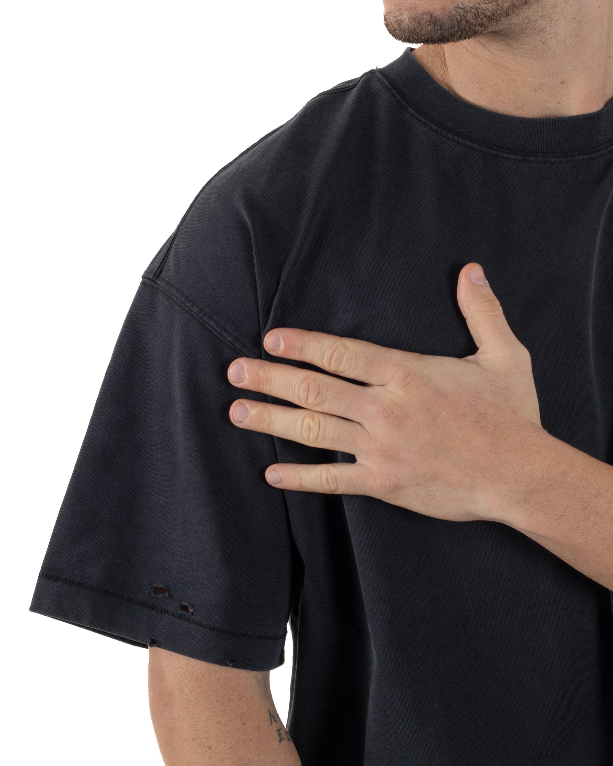 T-shirt Uomo Girocollo Con Rotture Cotone Slavato Tie Dye Maglia Basic Oversize Casual Nero GIOSAL-TS3105A