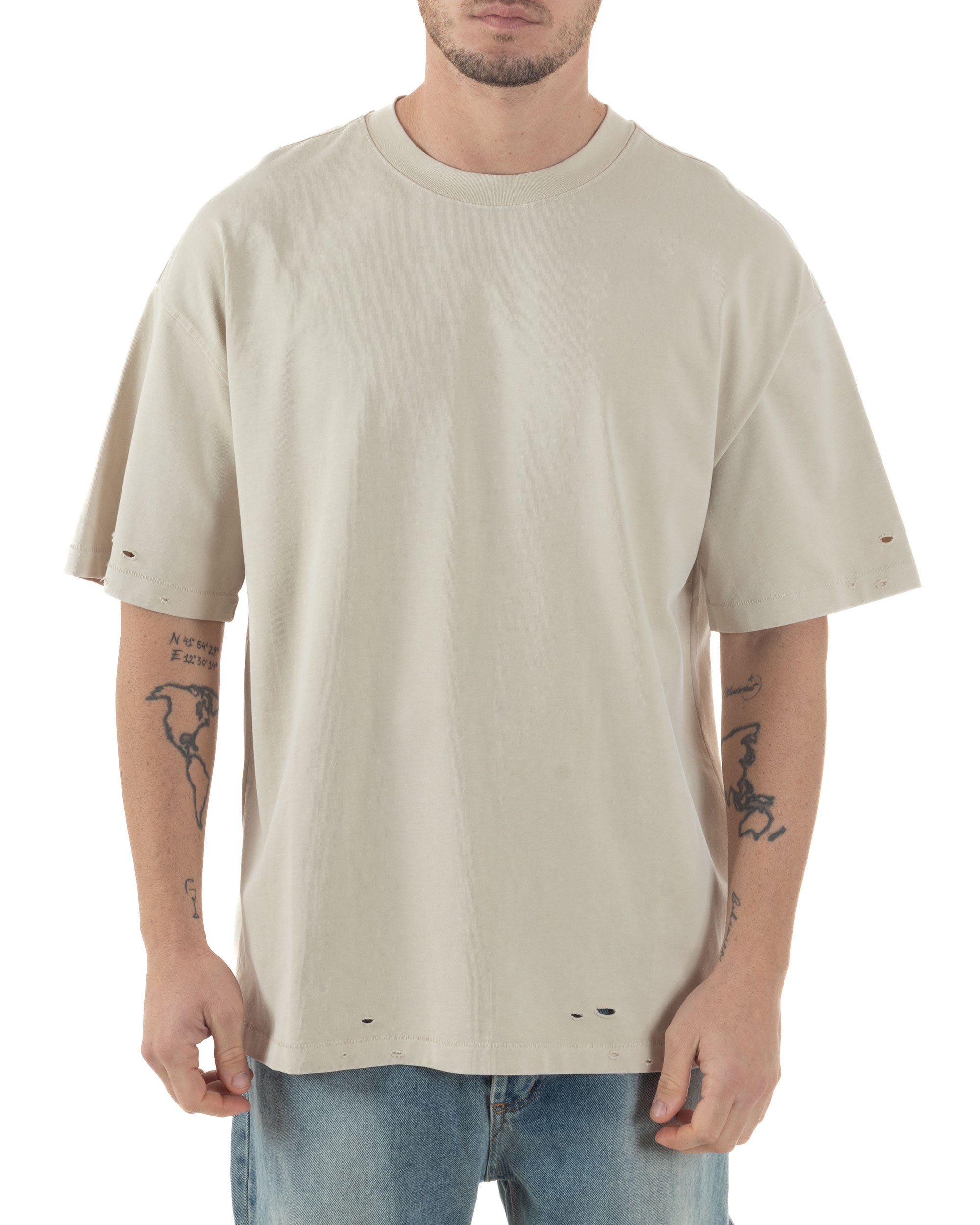 T-shirt Uomo Girocollo Con Rotture Cotone Slavato Tie Dye Maglia Basic Oversize Casual Beige GIOSAL-TS3106A