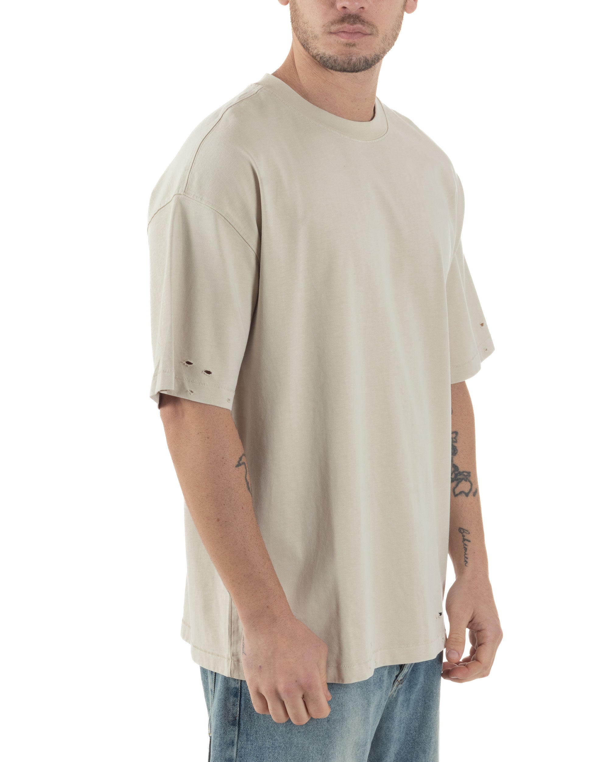 T-shirt Uomo Girocollo Con Rotture Cotone Slavato Tie Dye Maglia Basic Oversize Casual Beige GIOSAL-TS3106A