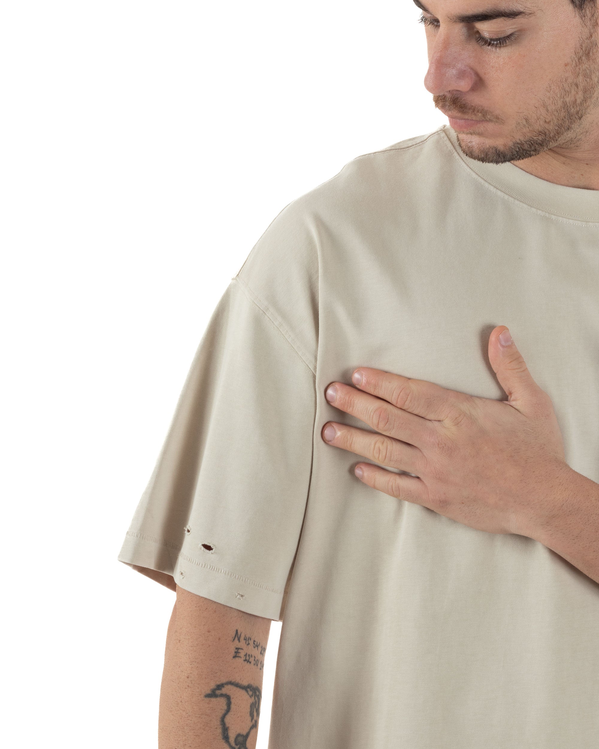 T-shirt Uomo Girocollo Con Rotture Cotone Slavato Tie Dye Maglia Basic Oversize Casual Beige GIOSAL-TS3106A