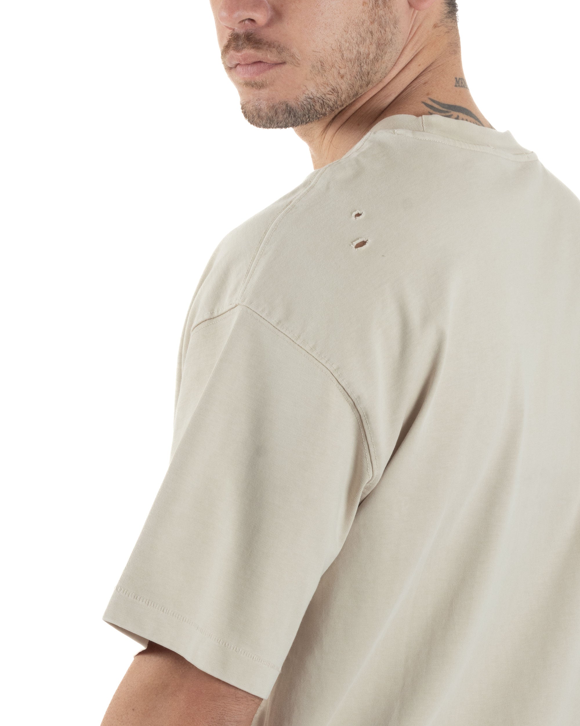 T-shirt Uomo Girocollo Con Rotture Cotone Slavato Tie Dye Maglia Basic Oversize Casual Beige GIOSAL-TS3106A