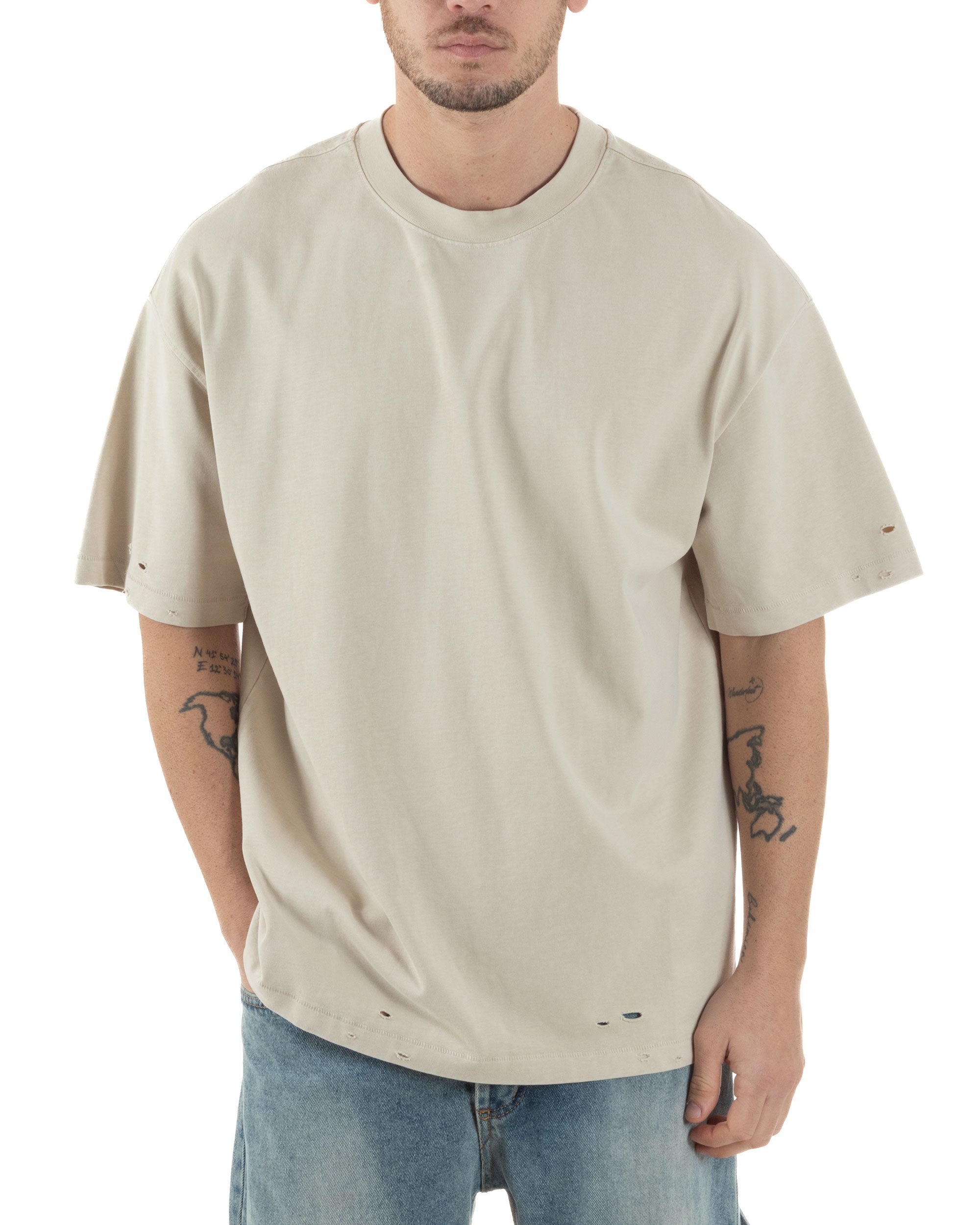 T-shirt Uomo Girocollo Con Rotture Cotone Slavato Tie Dye Maglia Basic Oversize Casual Beige GIOSAL-TS3106A