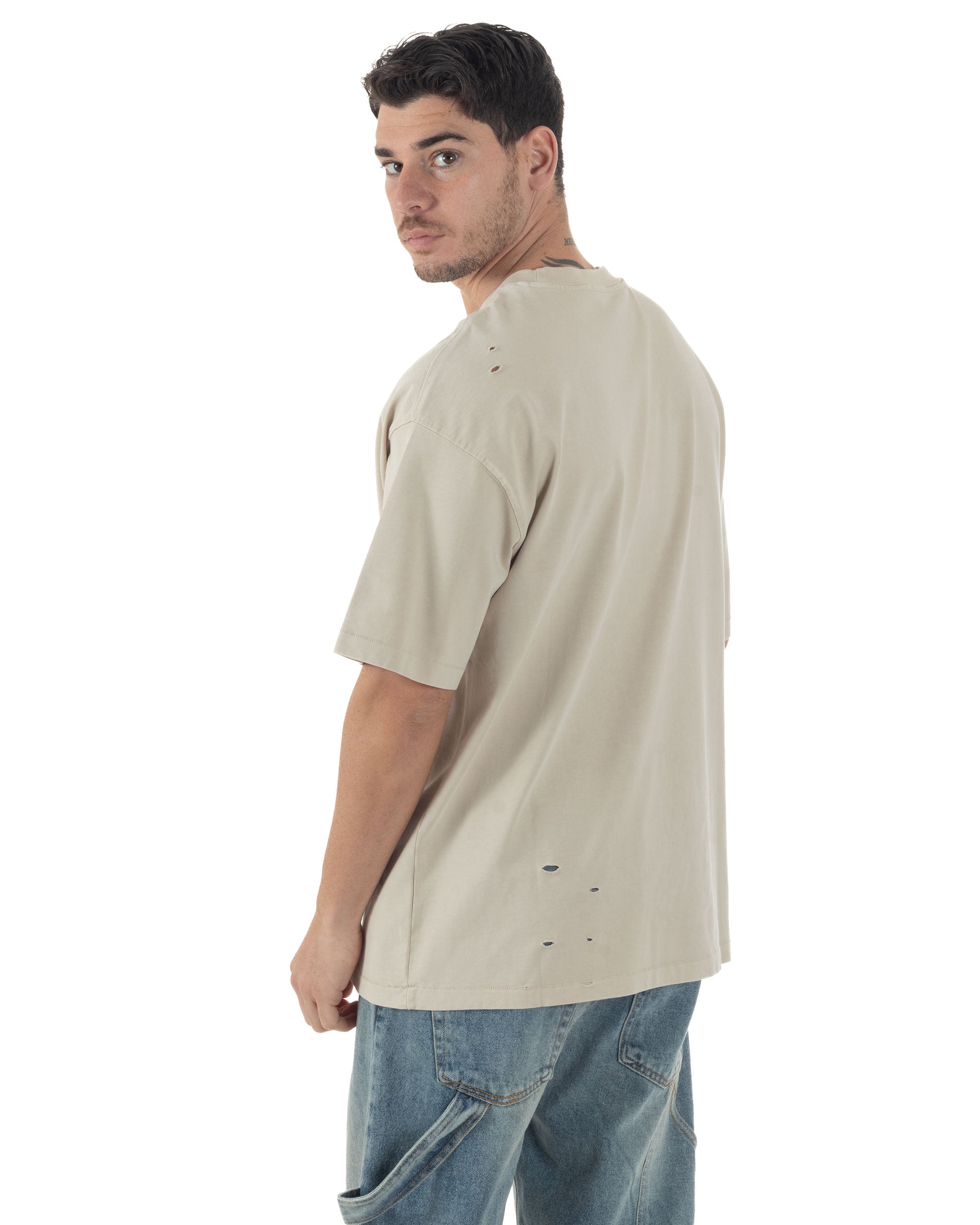 T-shirt Uomo Girocollo Con Rotture Cotone Slavato Tie Dye Maglia Basic Oversize Casual Beige GIOSAL-TS3106A