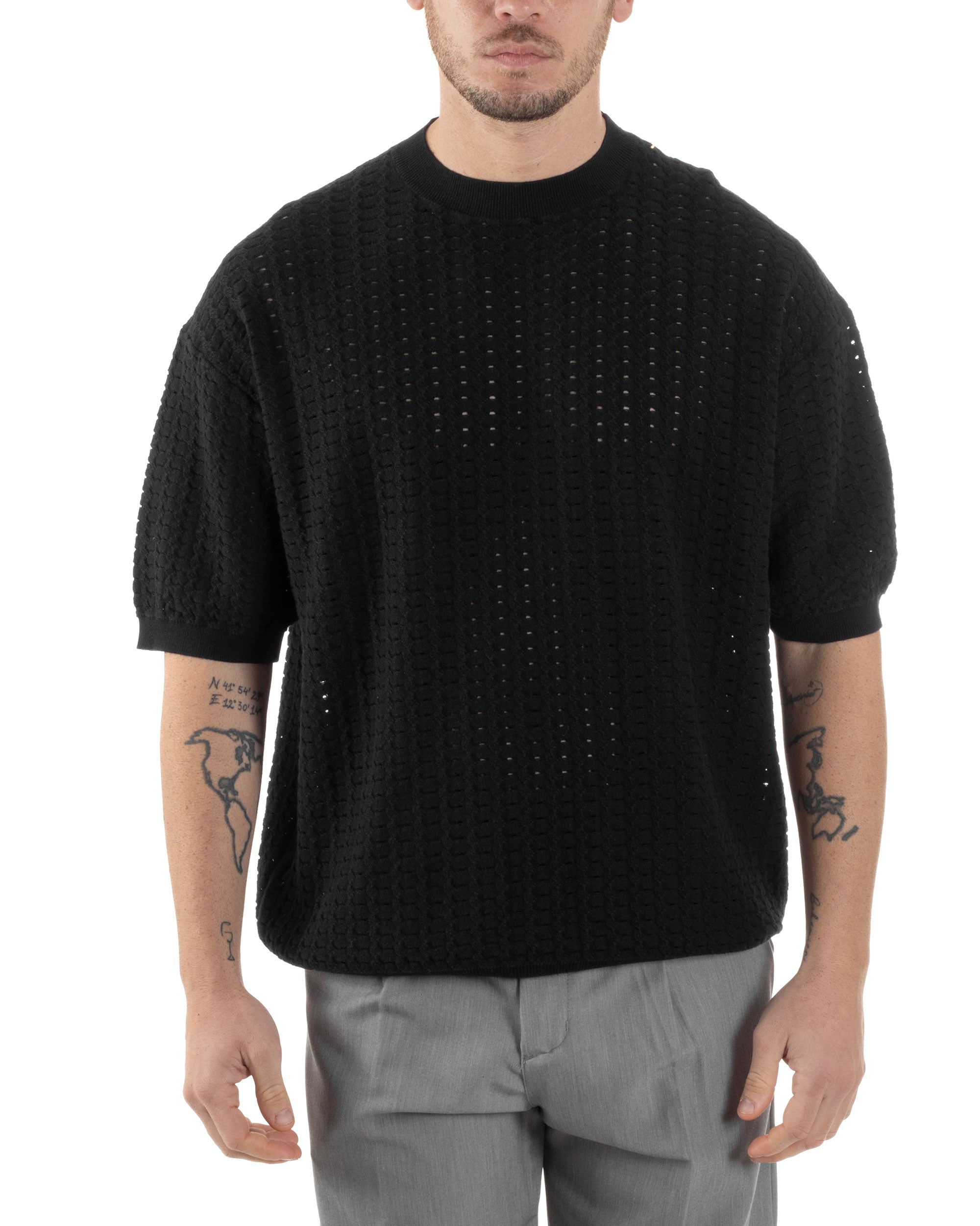 T-shirt Uomo Filo Traforata Maglia Girocollo Lavorata Maniche Corte Oversize Spalle Scese Casual Nero GIOSAL-TS3107A