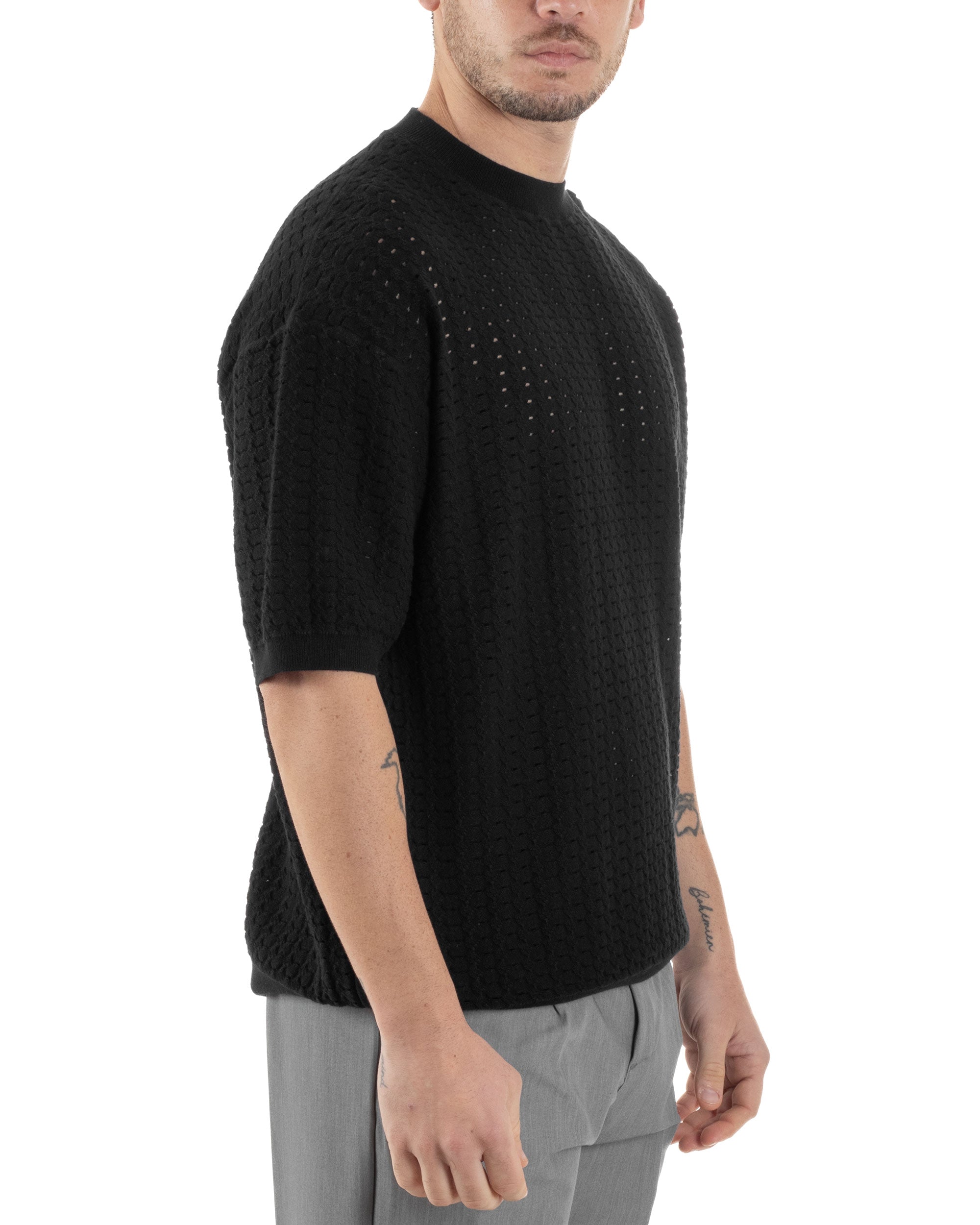 T-shirt Uomo Filo Traforata Maglia Girocollo Lavorata Maniche Corte Oversize Spalle Scese Casual Nero GIOSAL-TS3107A