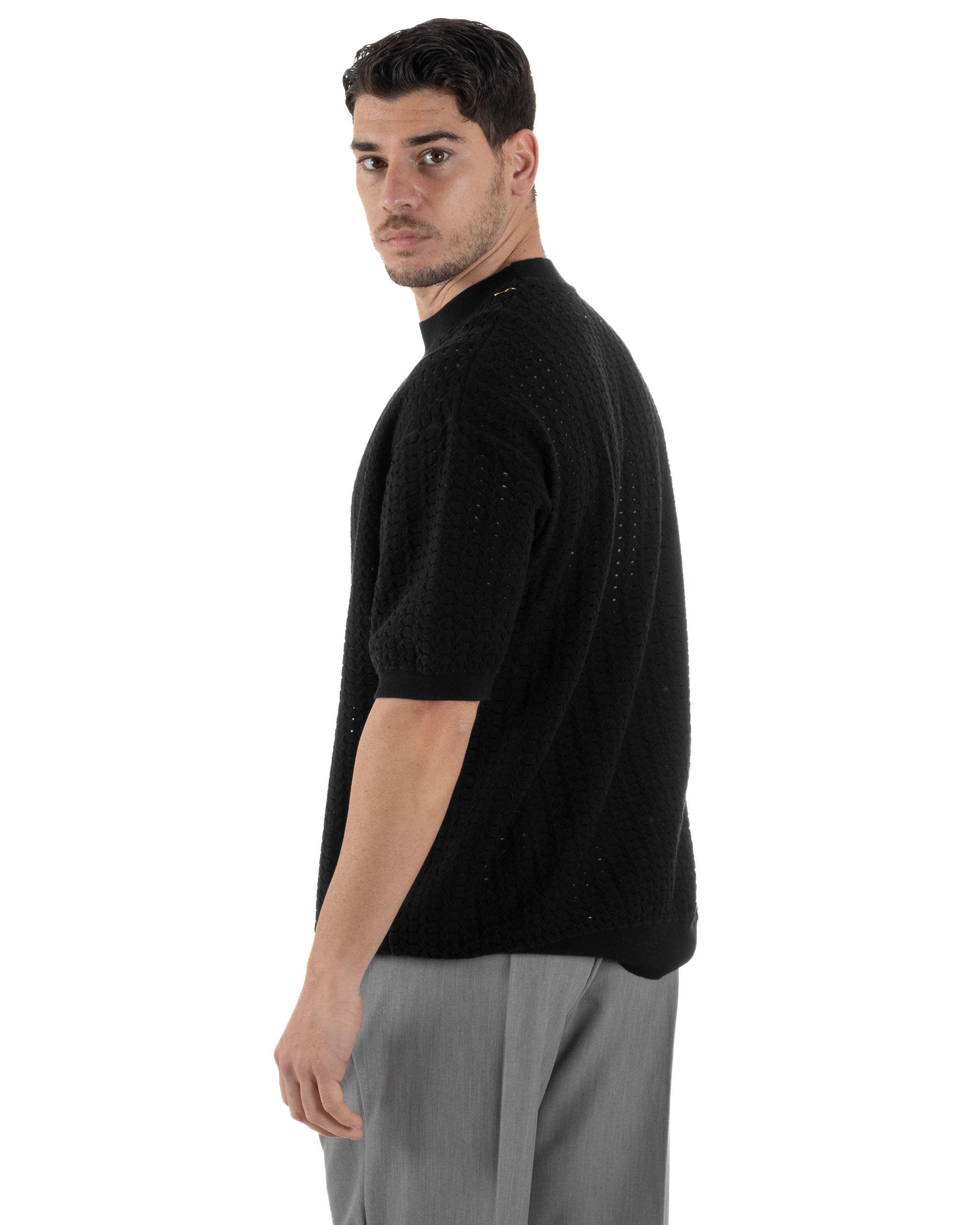 T-shirt Uomo Filo Traforata Maglia Girocollo Lavorata Maniche Corte Oversize Spalle Scese Casual Nero GIOSAL-TS3107A