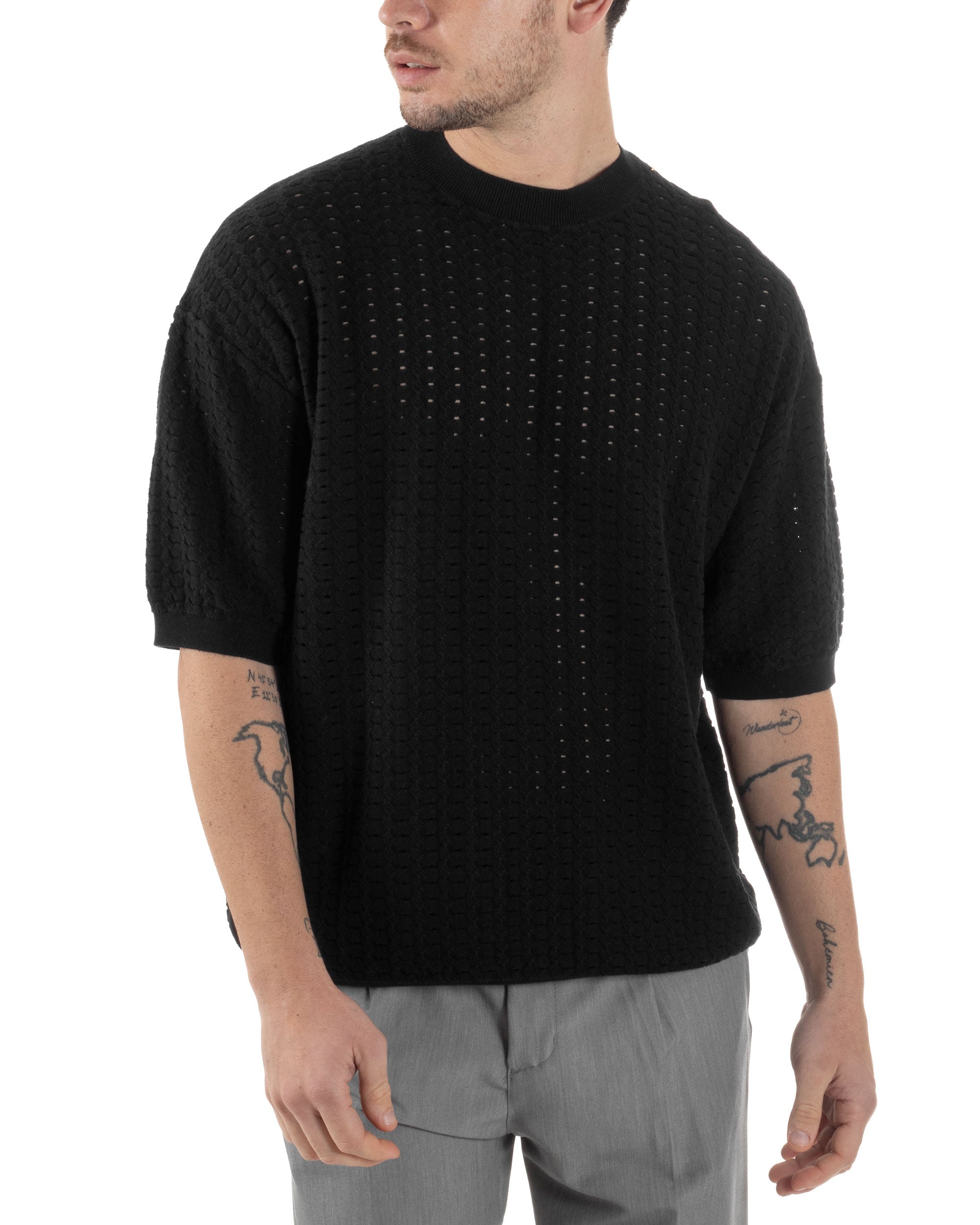 T-shirt Uomo Filo Traforata Maglia Girocollo Lavorata Maniche Corte Oversize Spalle Scese Casual Nero GIOSAL-TS3107A
