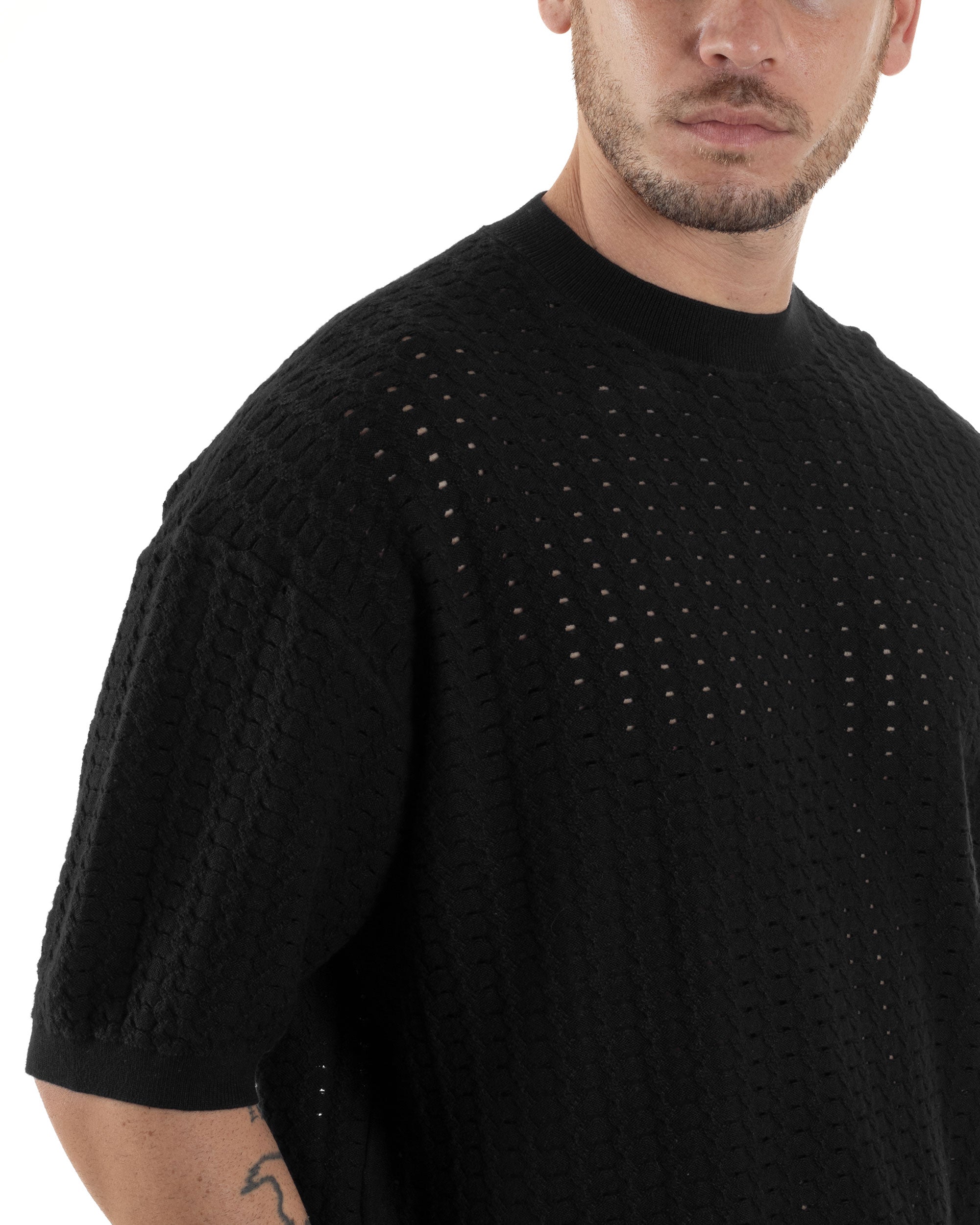 T-shirt Uomo Filo Traforata Maglia Girocollo Lavorata Maniche Corte Oversize Spalle Scese Casual Nero GIOSAL-TS3107A