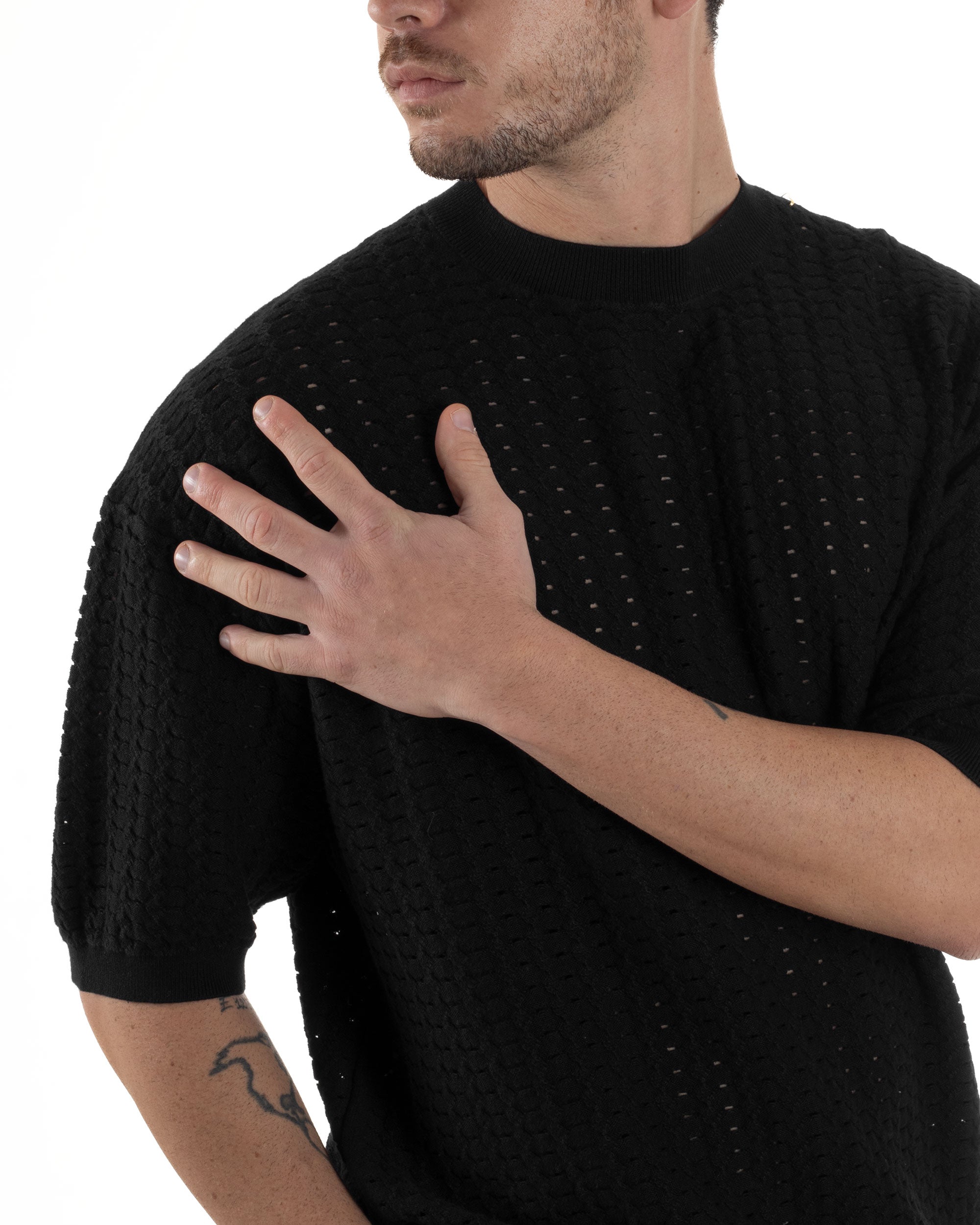 T-shirt Uomo Filo Traforata Maglia Girocollo Lavorata Maniche Corte Oversize Spalle Scese Casual Nero GIOSAL-TS3107A