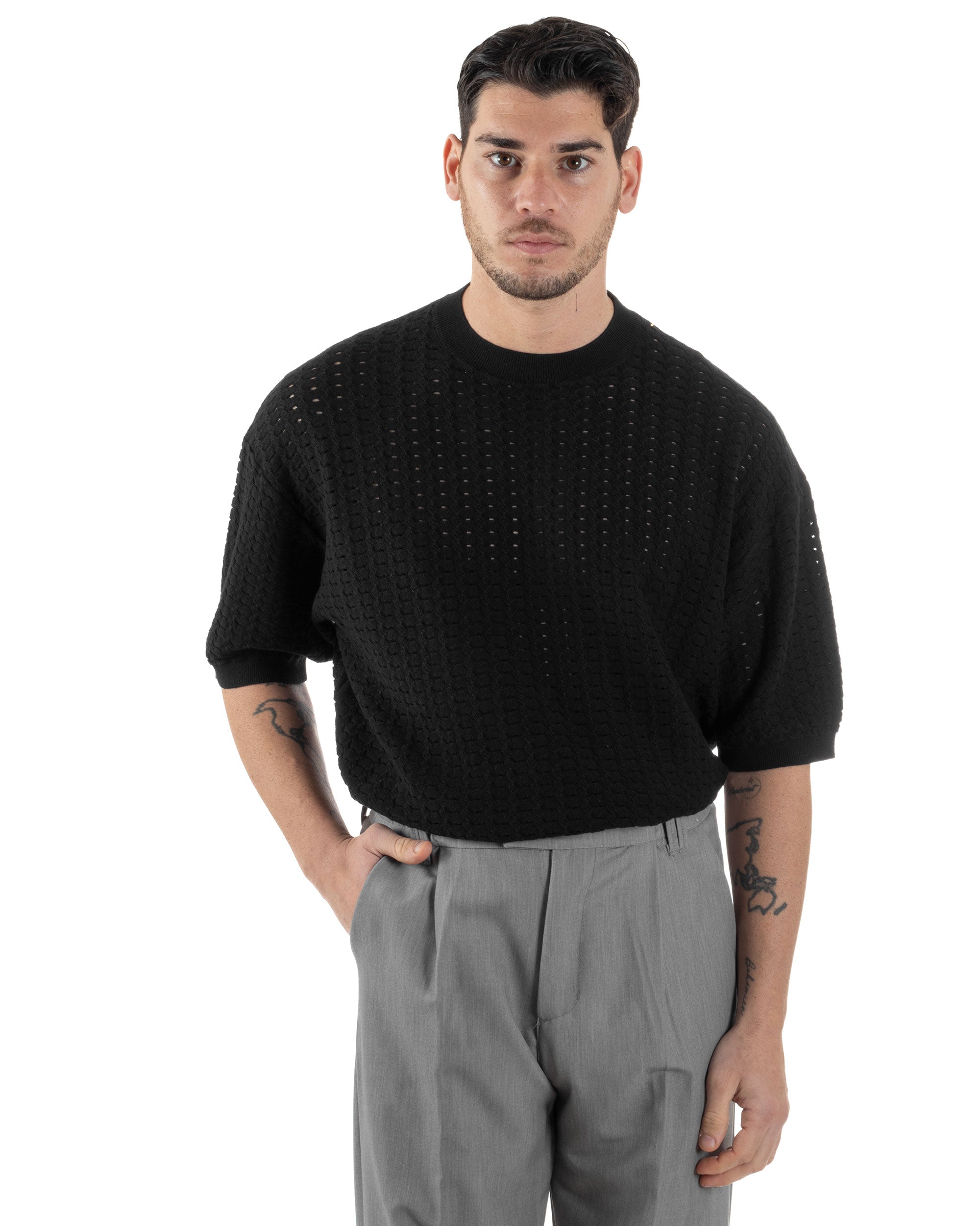 T-shirt Uomo Filo Traforata Maglia Girocollo Lavorata Maniche Corte Oversize Spalle Scese Casual Nero GIOSAL-TS3107A