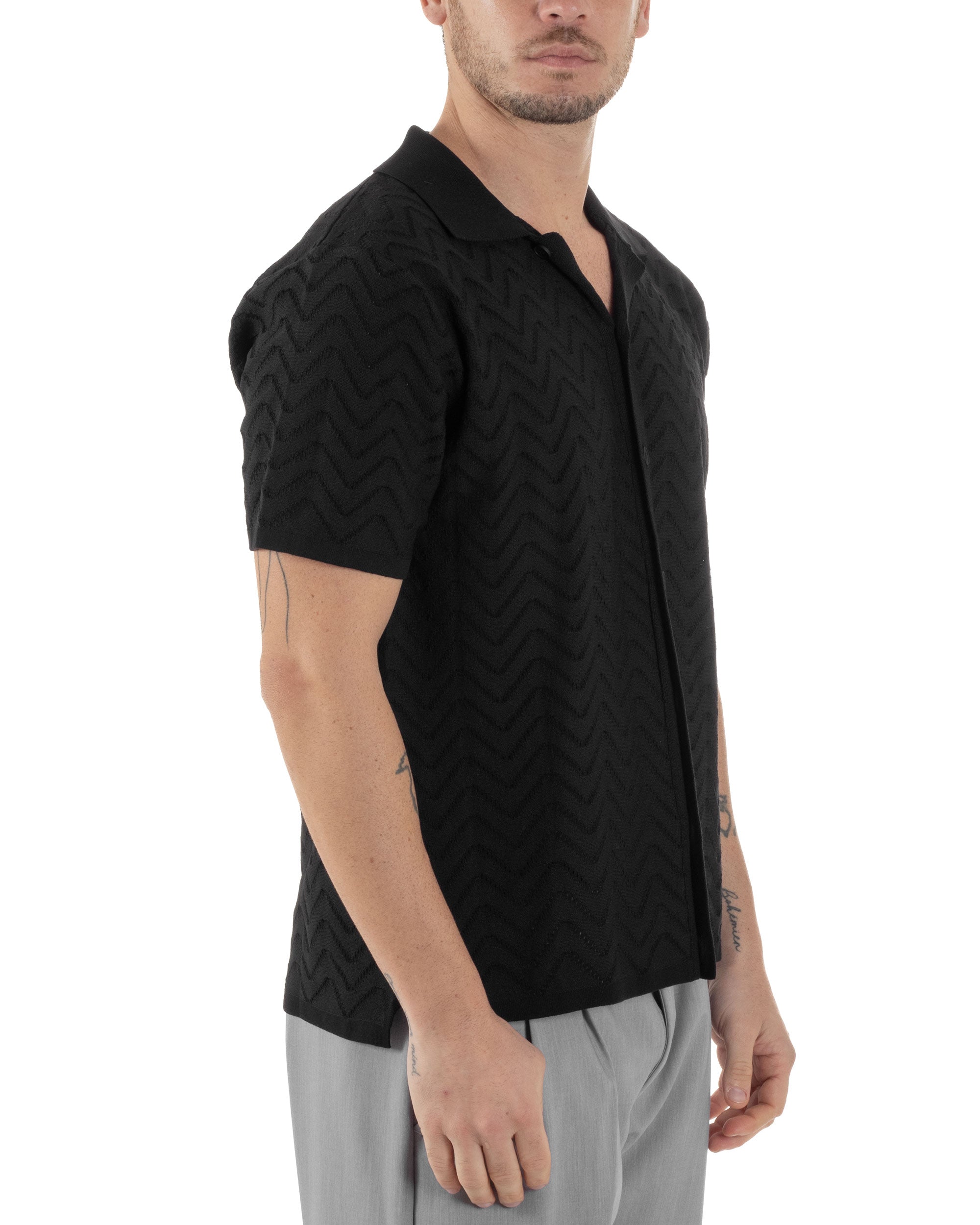 Polo Uomo In Filo Cardigan Con Bottoni T-Shirt Cropped Con Colletto Maglia Boxy Fit Traforata Lavorata Casual Nero GIOSAL-TS3109A