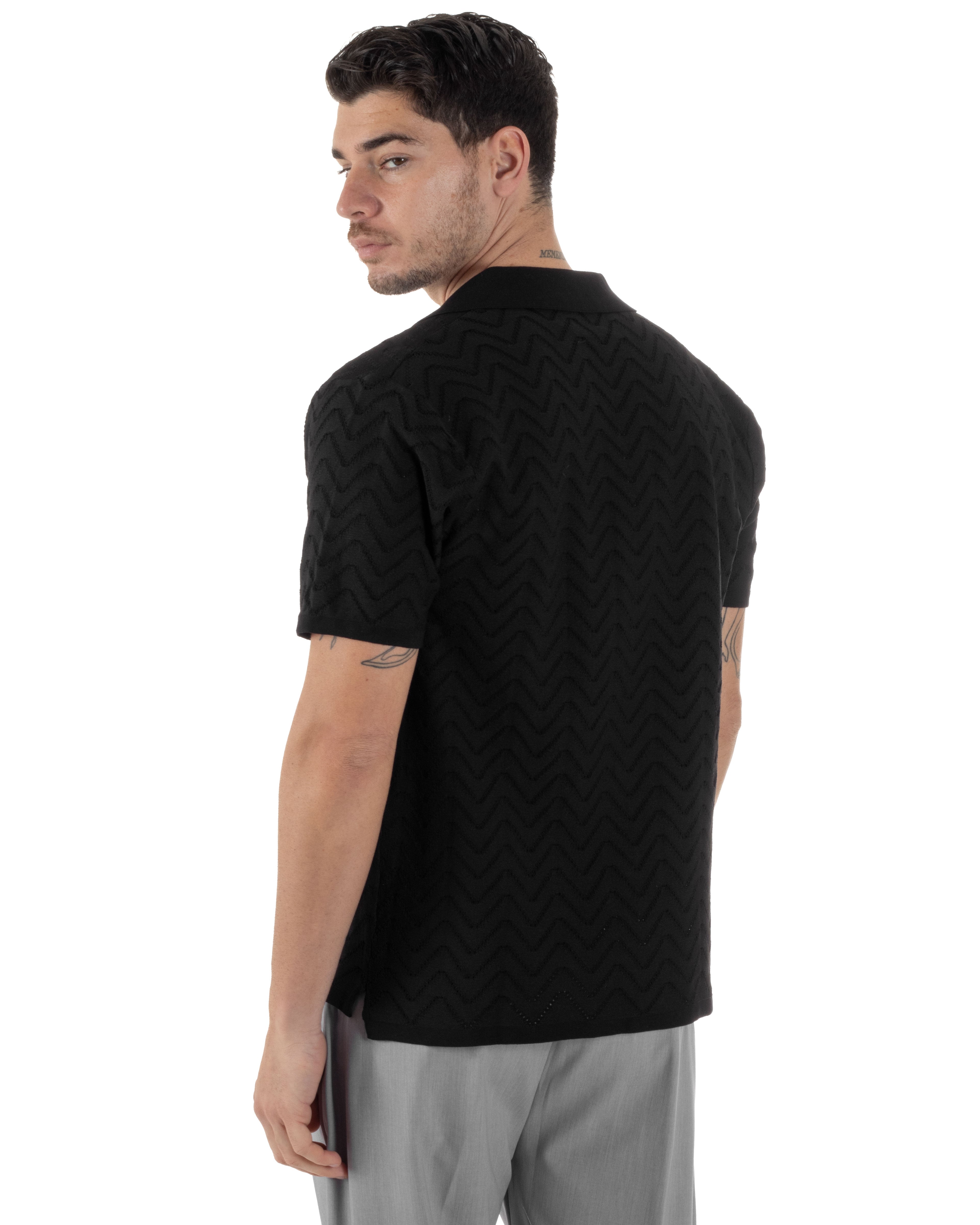 Polo Uomo In Filo Cardigan Con Bottoni T-Shirt Cropped Con Colletto Maglia Boxy Fit Traforata Lavorata Casual Nero GIOSAL-TS3109A