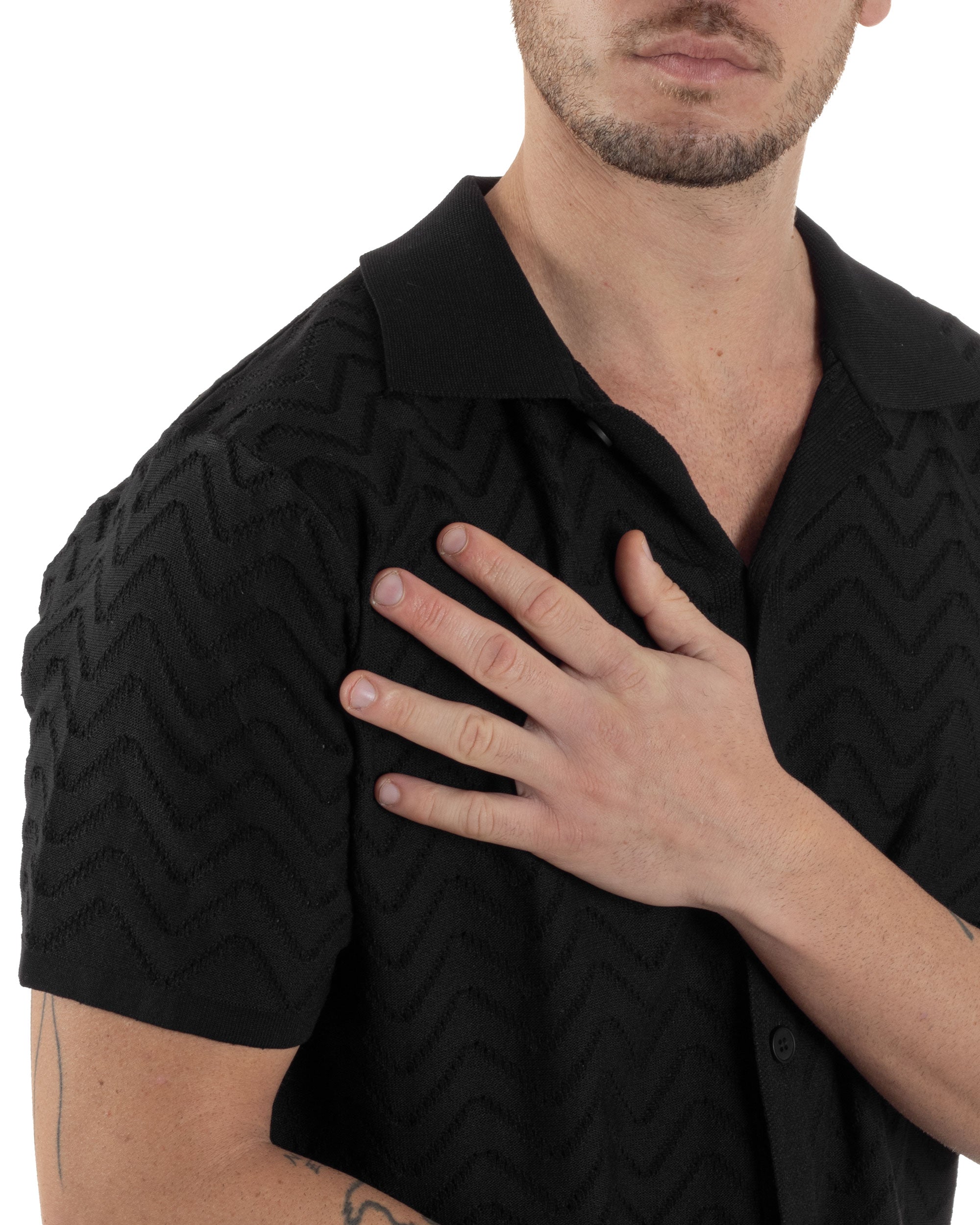 Polo Uomo In Filo Cardigan Con Bottoni T-Shirt Cropped Con Colletto Maglia Boxy Fit Traforata Lavorata Casual Nero GIOSAL-TS3109A