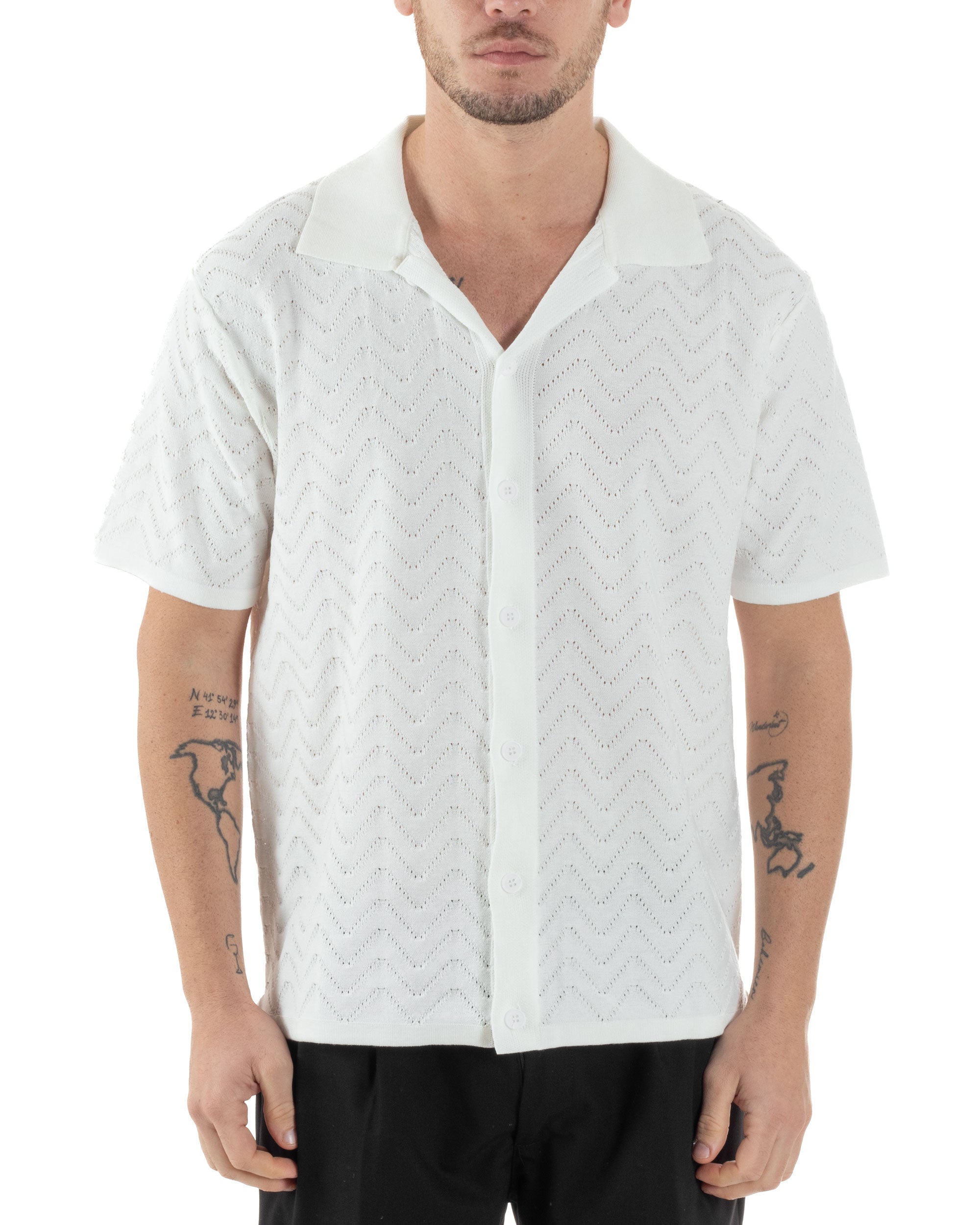 Polo Uomo In Filo Cardigan Con Bottoni T-Shirt Cropped Con Colletto Maglia Boxy Fit Traforata Lavorata Casual Bianco GIOSAL-TS3110A