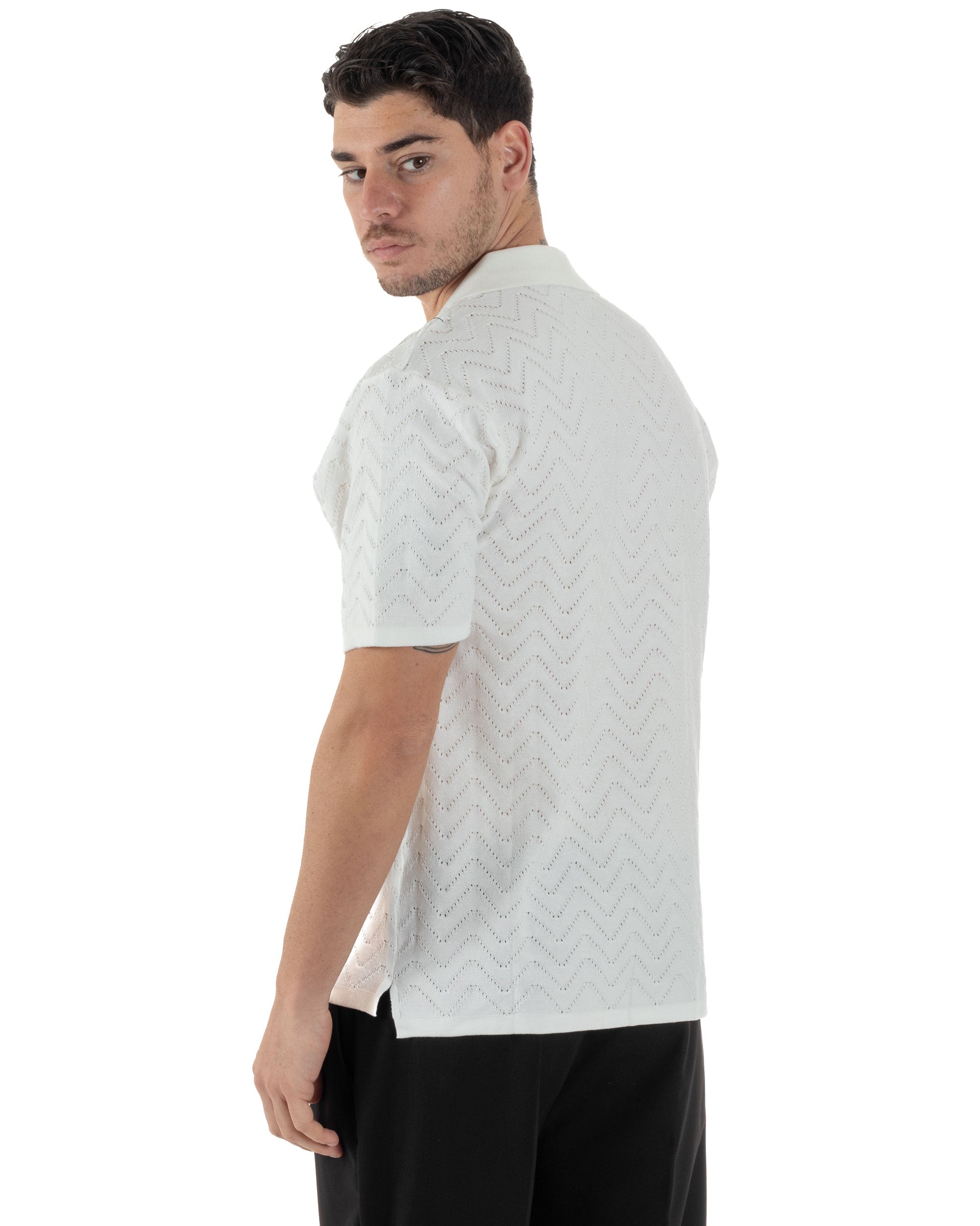 Polo Uomo In Filo Cardigan Con Bottoni T-Shirt Cropped Con Colletto Maglia Boxy Fit Traforata Lavorata Casual Bianco GIOSAL-TS3110A