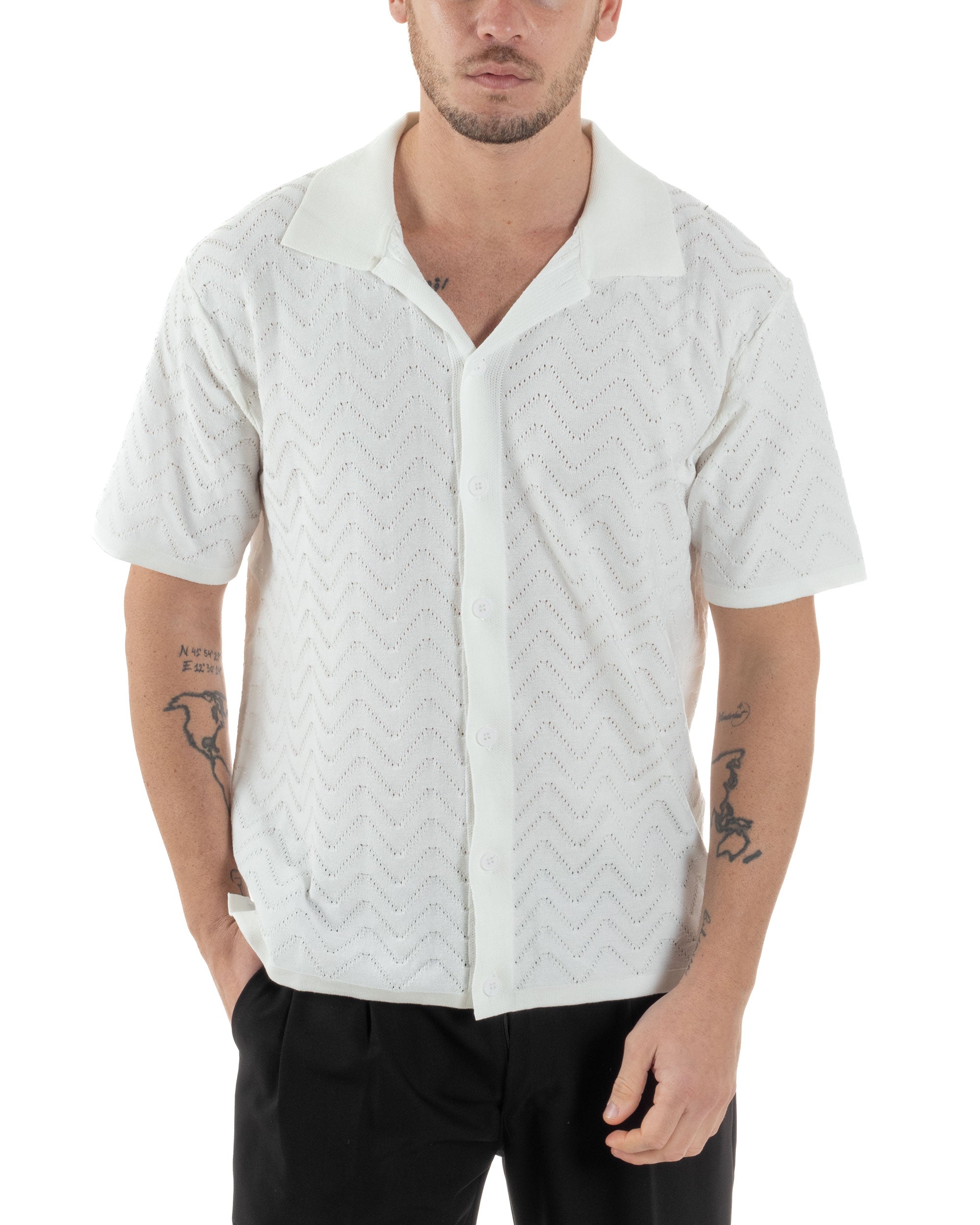 Polo Uomo In Filo Cardigan Con Bottoni T-Shirt Cropped Con Colletto Maglia Boxy Fit Traforata Lavorata Casual Bianco GIOSAL-TS3110A