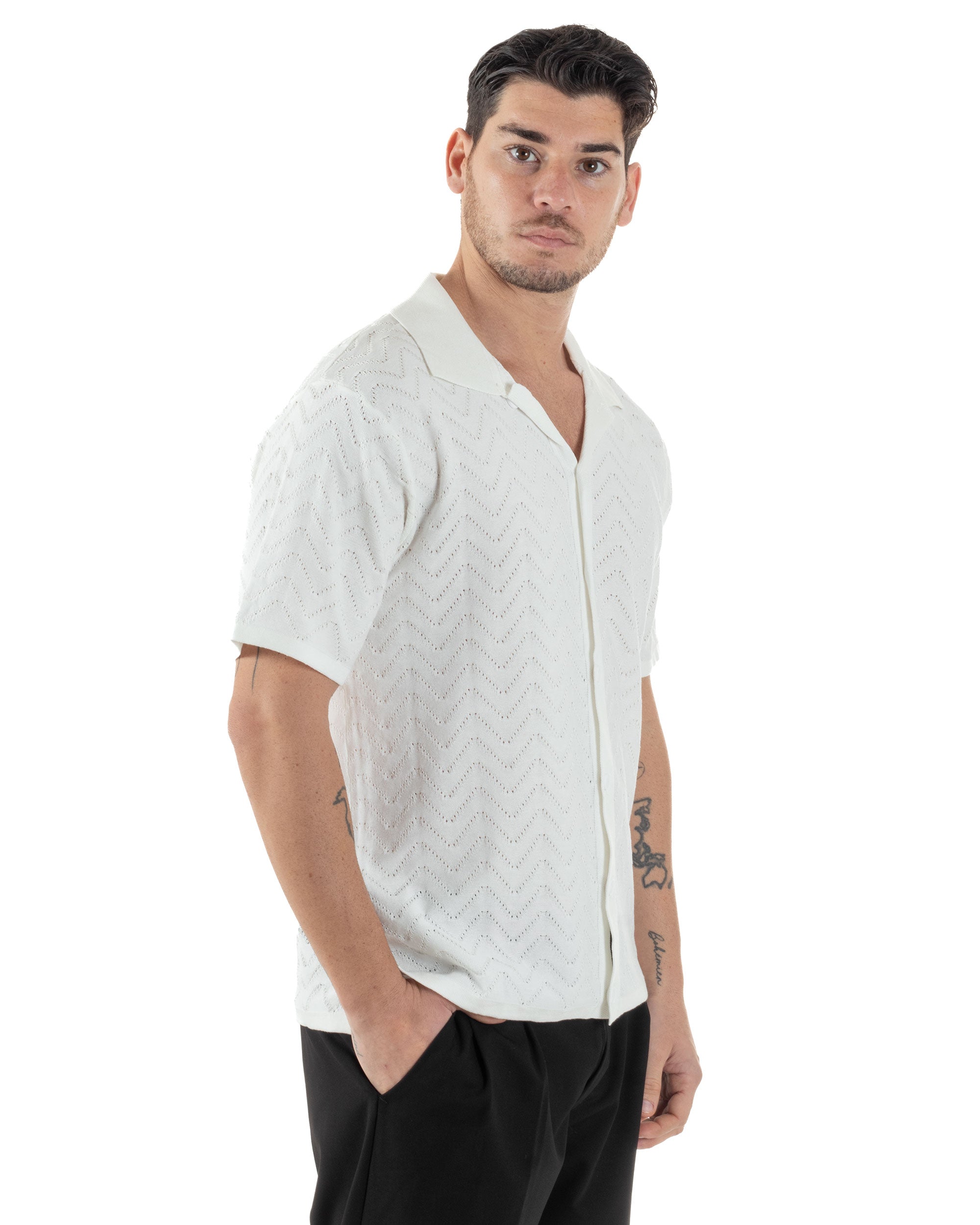 Polo Uomo In Filo Cardigan Con Bottoni T-Shirt Cropped Con Colletto Maglia Boxy Fit Traforata Lavorata Casual Bianco GIOSAL-TS3110A