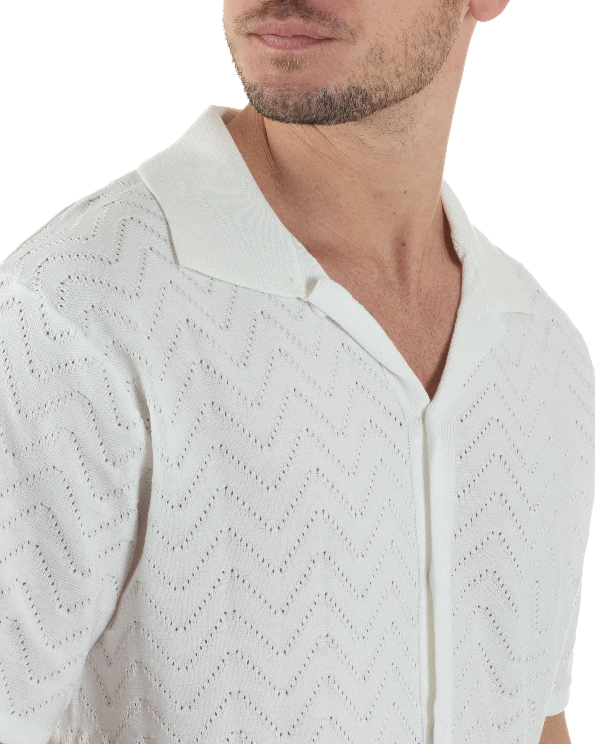 Polo Uomo In Filo Cardigan Con Bottoni T-Shirt Cropped Con Colletto Maglia Boxy Fit Traforata Lavorata Casual Bianco GIOSAL-TS3110A