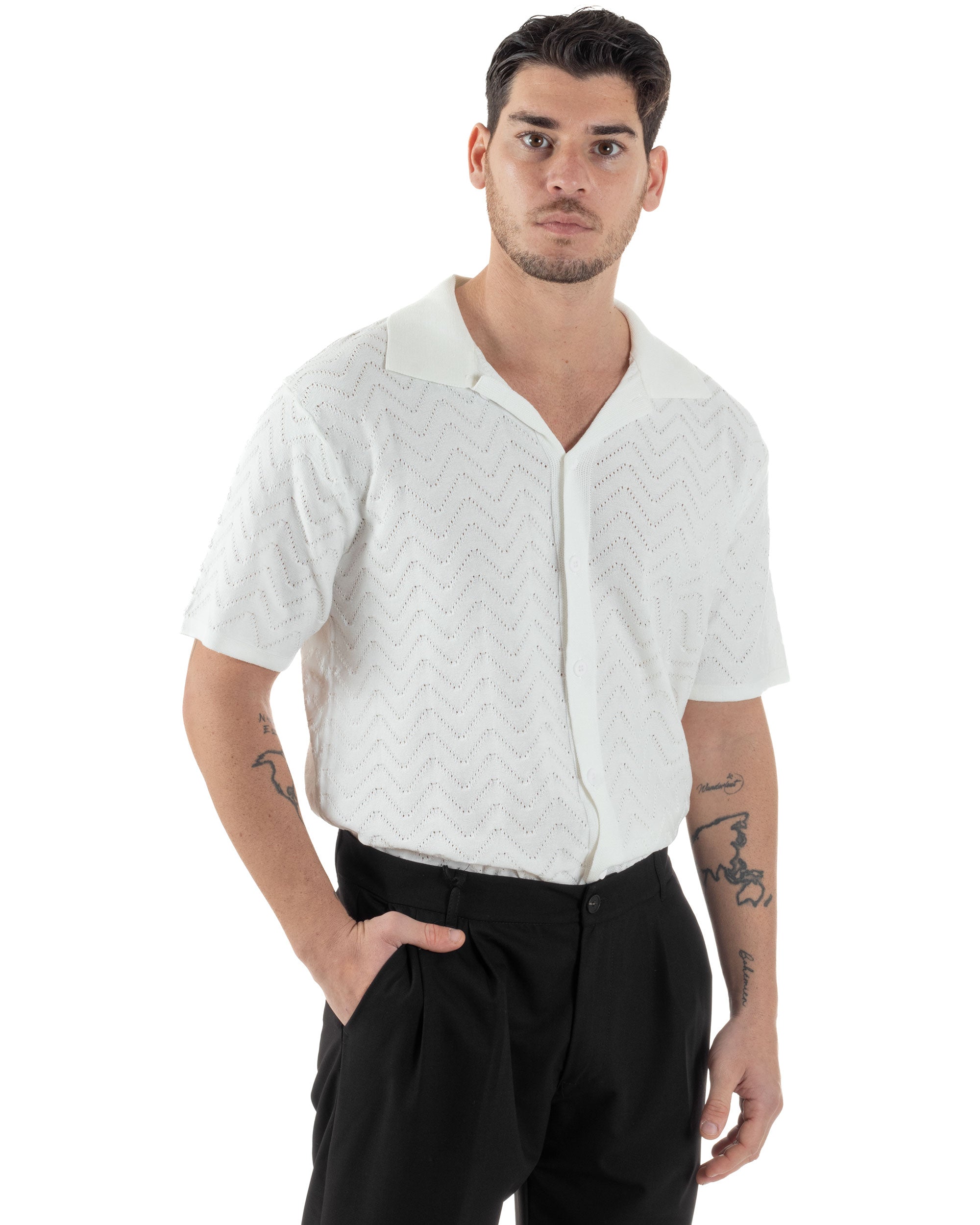 Polo Uomo In Filo Cardigan Con Bottoni T-Shirt Cropped Con Colletto Maglia Boxy Fit Traforata Lavorata Casual Bianco GIOSAL-TS3110A