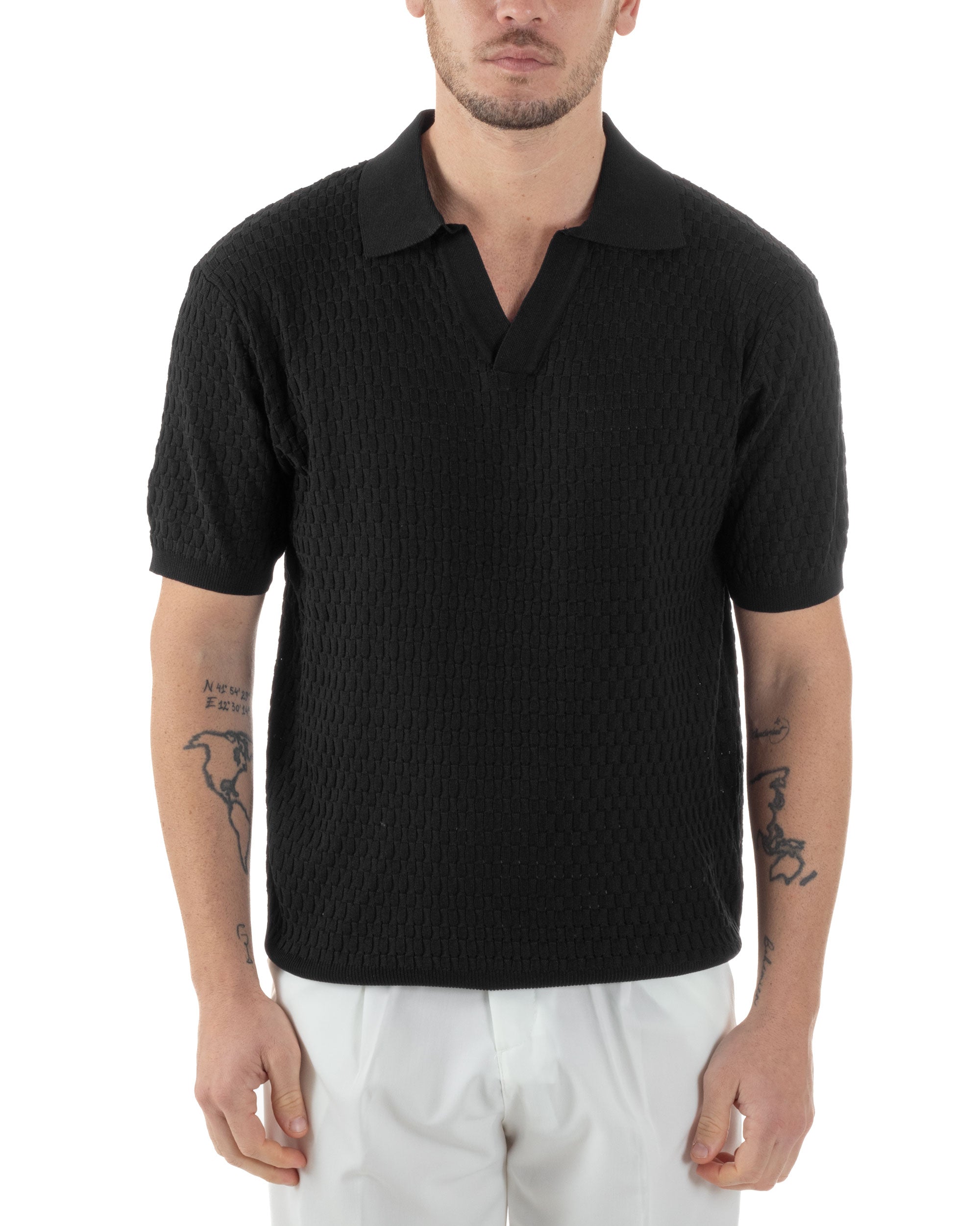 Polo Uomo Scollo V Maglia Lavorata T-Shirt Con Colletto Maniche Corte Tinta Unita Casual Nero GIOSAL-TS3112A