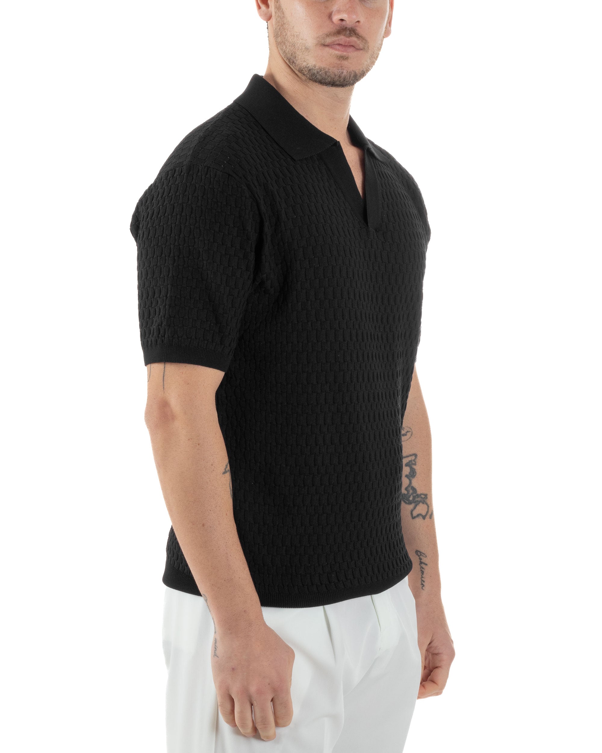 Polo Uomo Scollo V Maglia Lavorata T-Shirt Con Colletto Maniche Corte Tinta Unita Casual Nero GIOSAL-TS3112A
