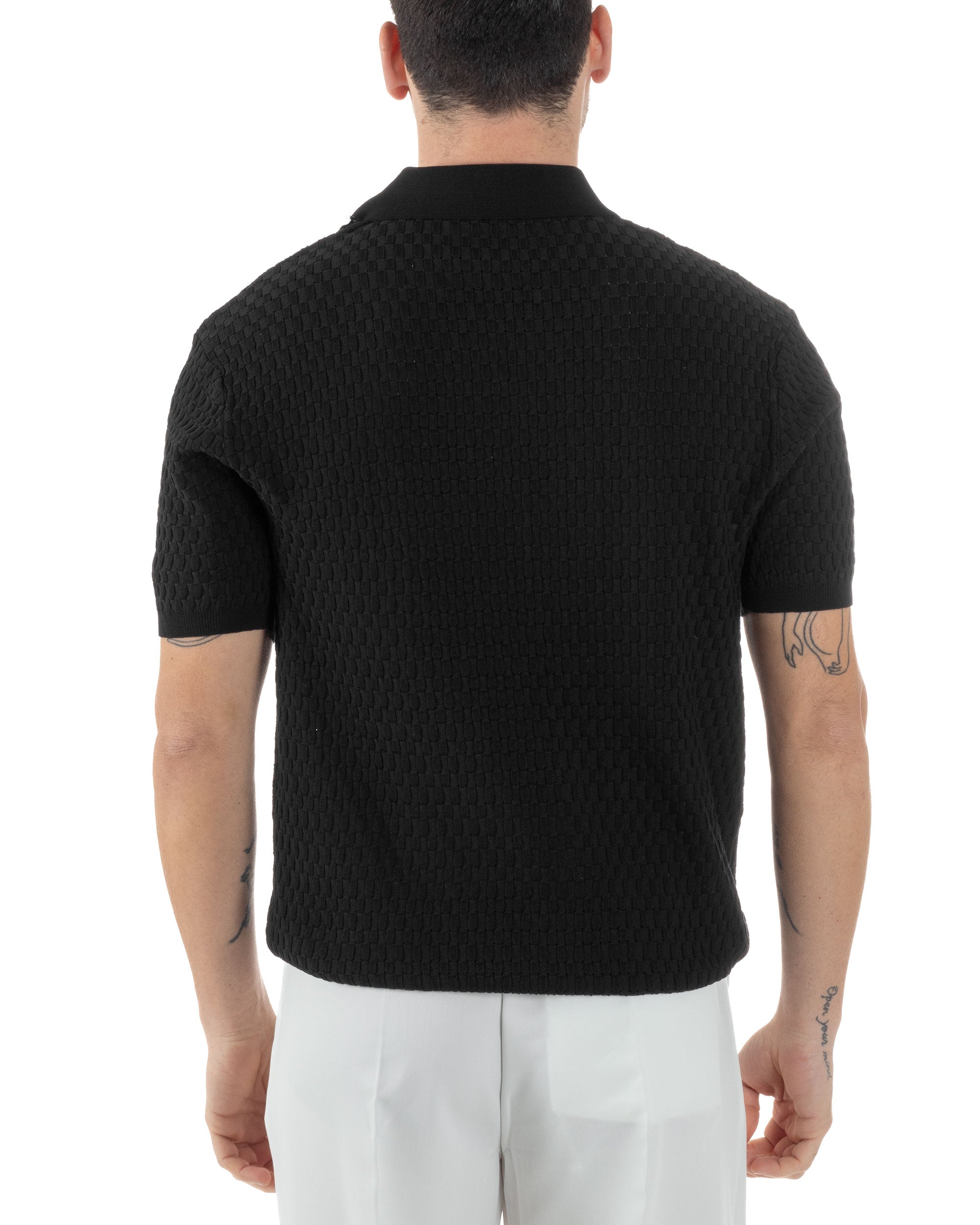 Polo Uomo Scollo V Maglia Lavorata T-Shirt Con Colletto Maniche Corte Tinta Unita Casual Nero GIOSAL-TS3112A